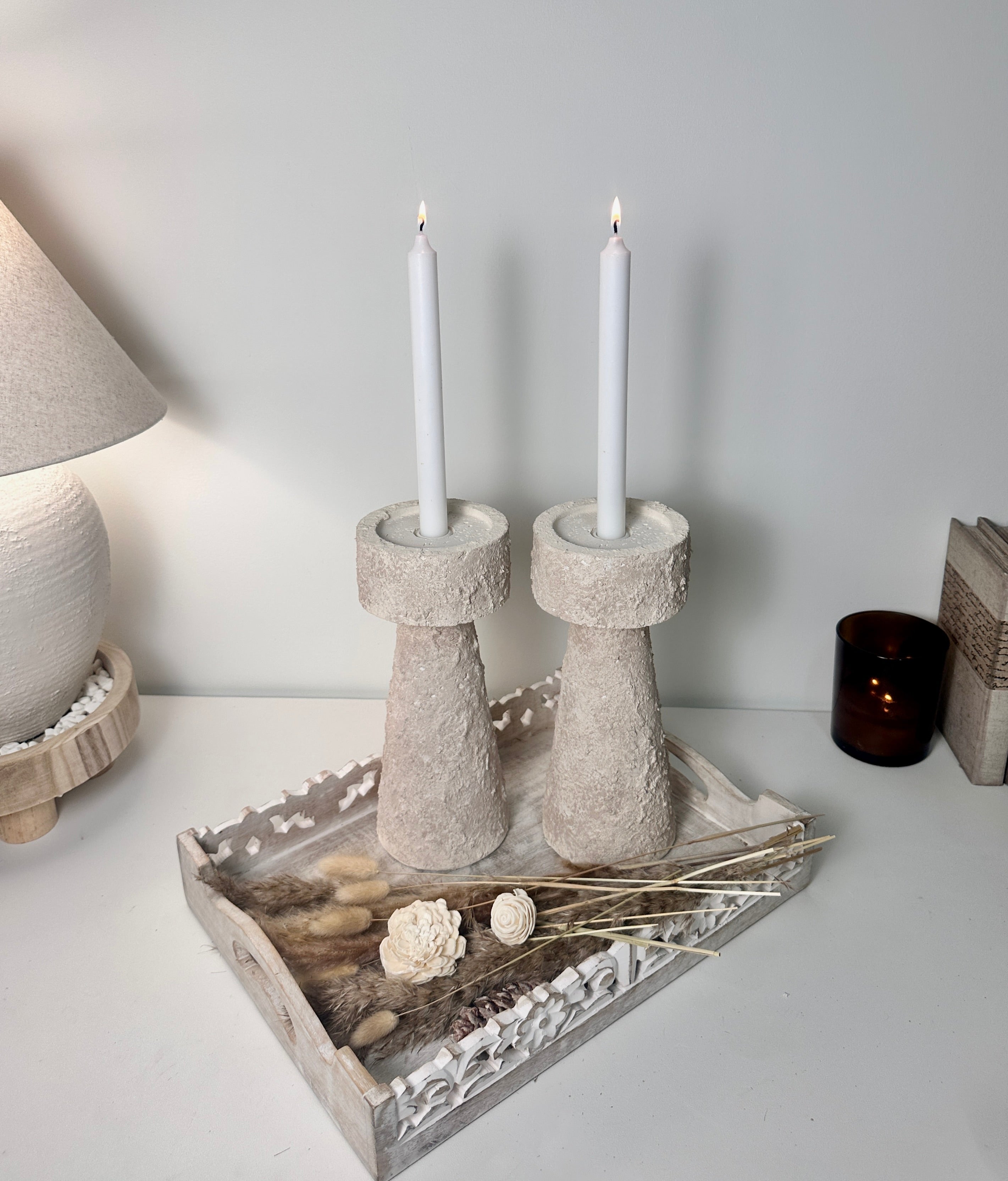 Set of 2 candle holder tray and stick minimalist style 11" tall - Cream wash