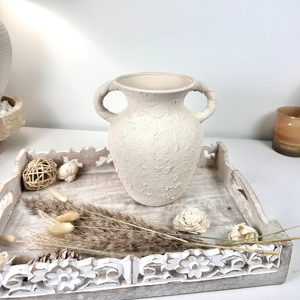 Minimalist Hand-Painted/Textured Ceramic Vase with 2 handles - 9" tall - Cream