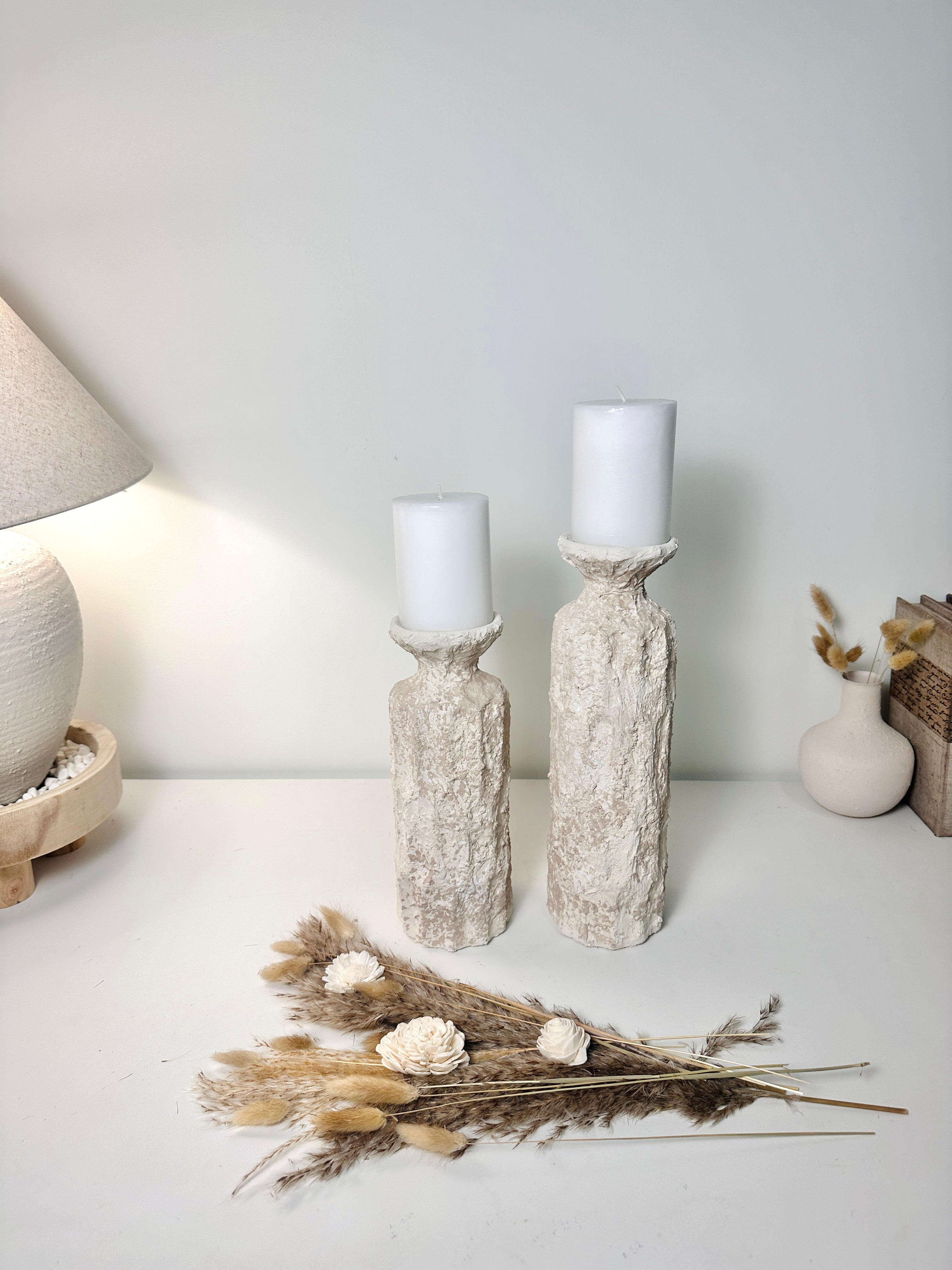 Minimalist Set of 2 Candle Holders Textured Hand-Painted - Cream Sand (10.5x4x4", 13x4x4")