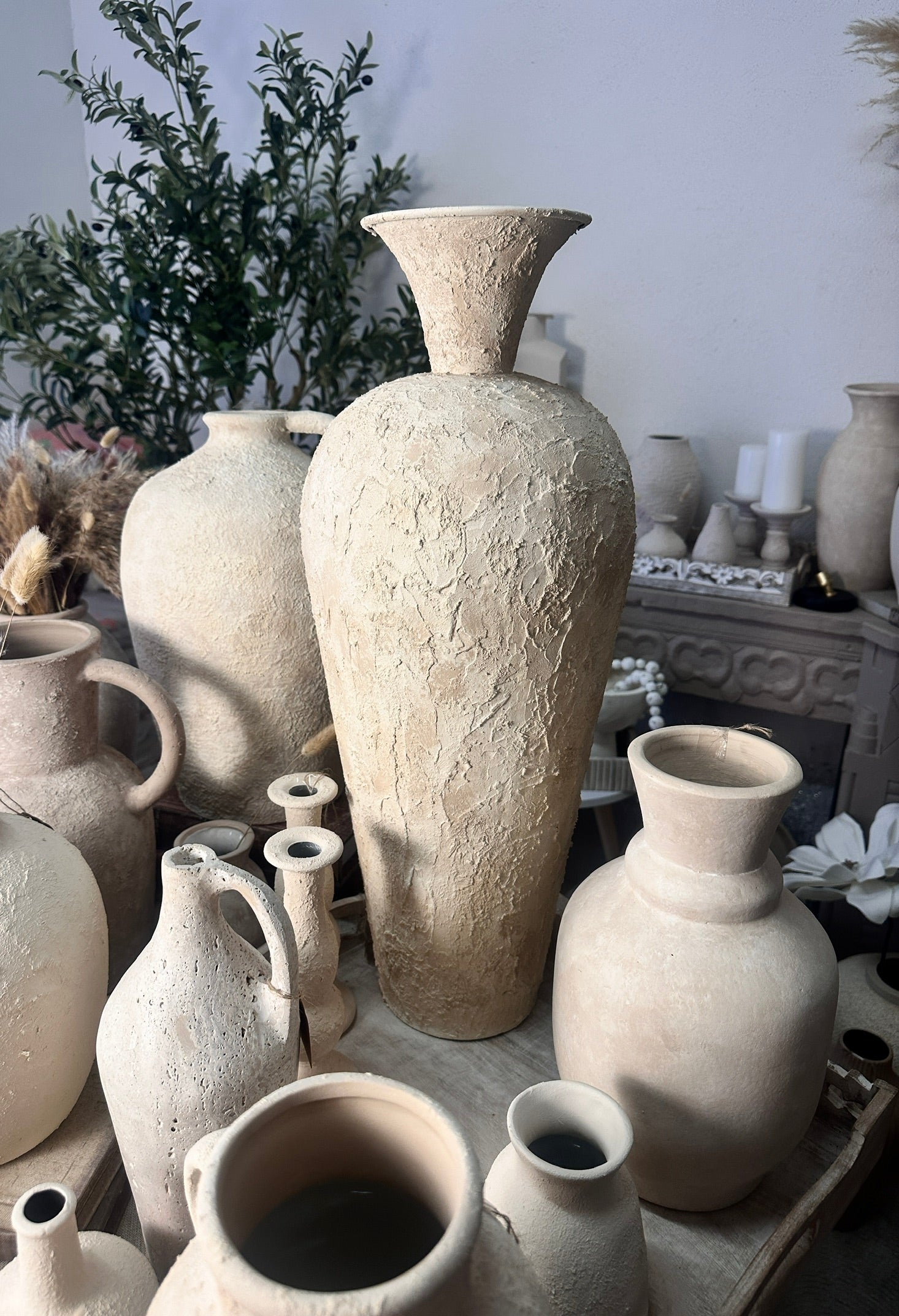 Minimalist Textured Hand-painted Ceramic Floor Vase 25" tall - cream/off-white