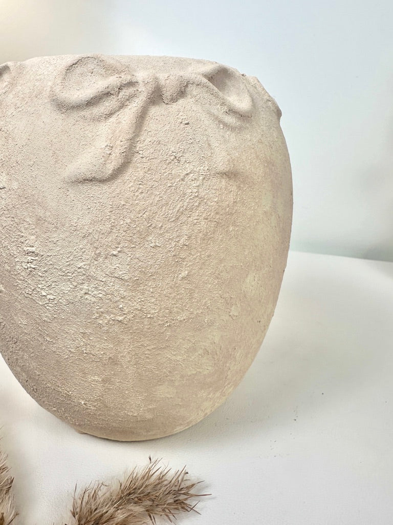 Hand-Painted Textured Ceramic Vase with Bow Accent, Cream Sand Washed, 7 Inch Tall