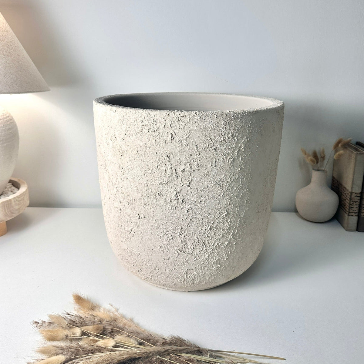 Minimalist Hand-Painted & Textured Planter Pot 14" tall with drainage hole one time creation - Cream