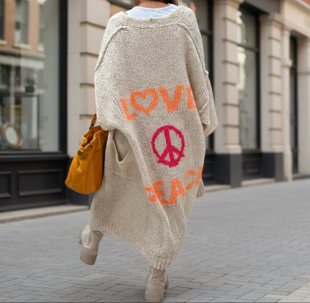 Cozy Women's Love Peace Graphic Oversized Cardigan Sweater Long Sleeve
