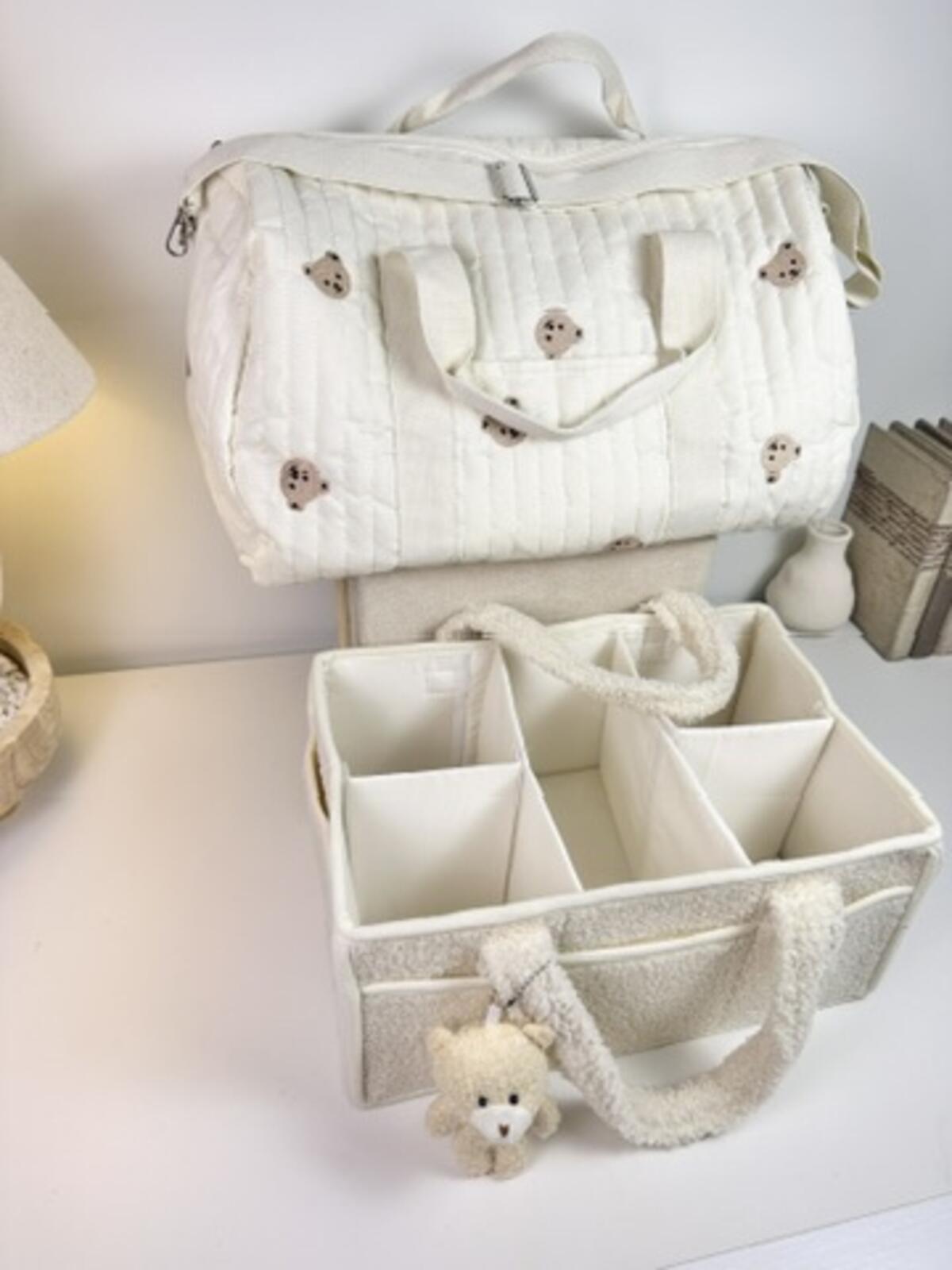 Set of 2 Travel Bag with Strap and Caddy Diaper Bag for Baby Essentials - Cream