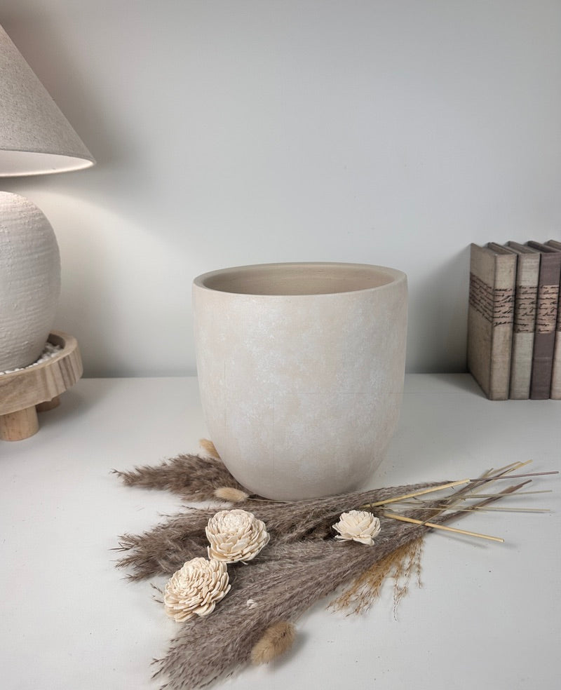 9" tall Minimalist Hand-Painted & Textured Planter Pot with drainage hole - Sand wash
