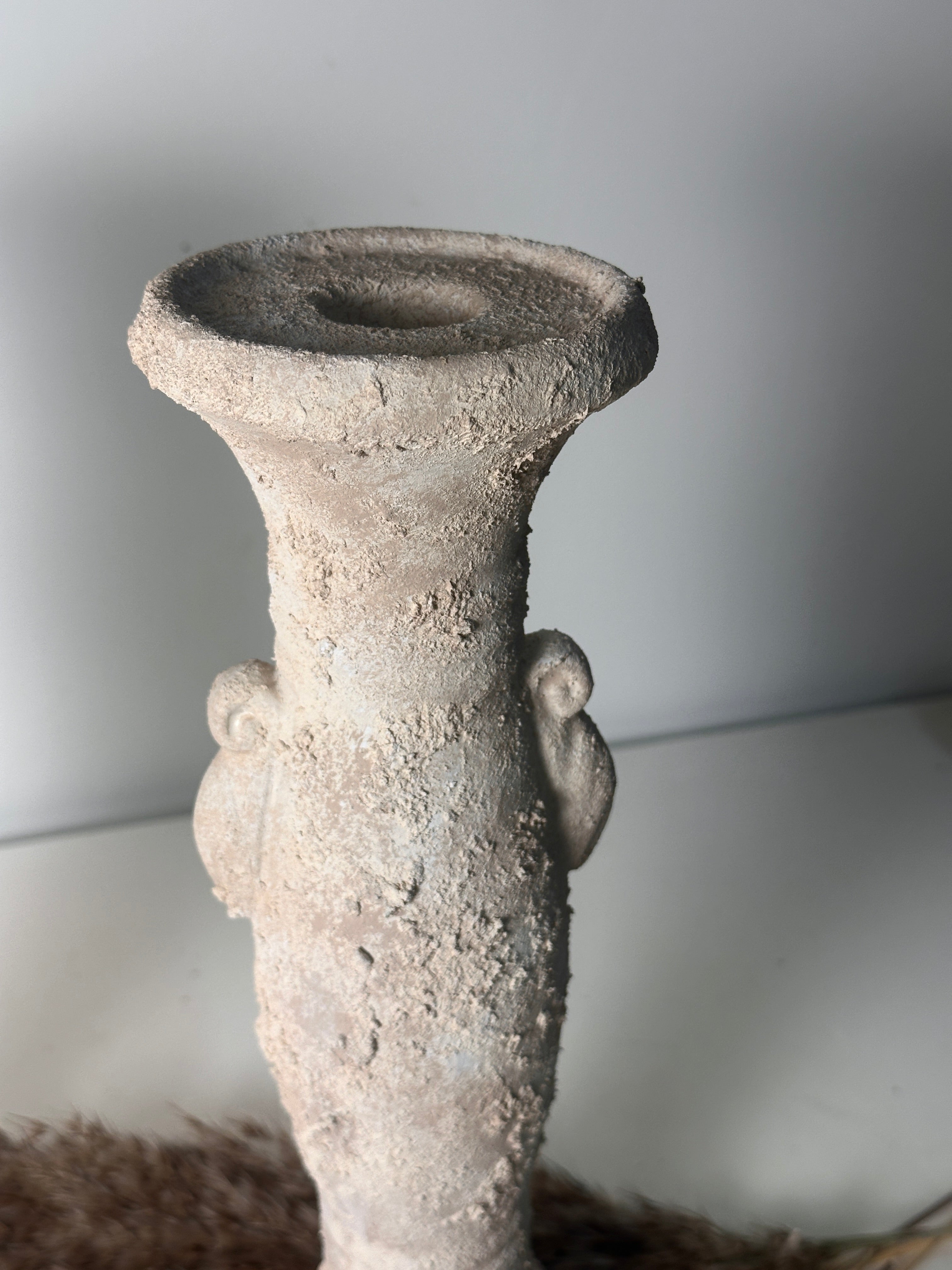 Set of 2 candlestick tray holders hand-painted and textured minimalist roman style 12" tall - Cream Sand wash