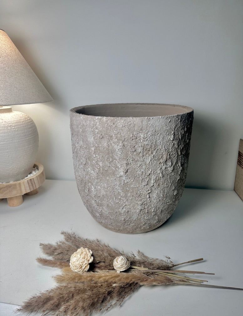 13.5" Minimalist Hand-Painted & Textured Planter Pot with Drainage Hole - Beige Wash