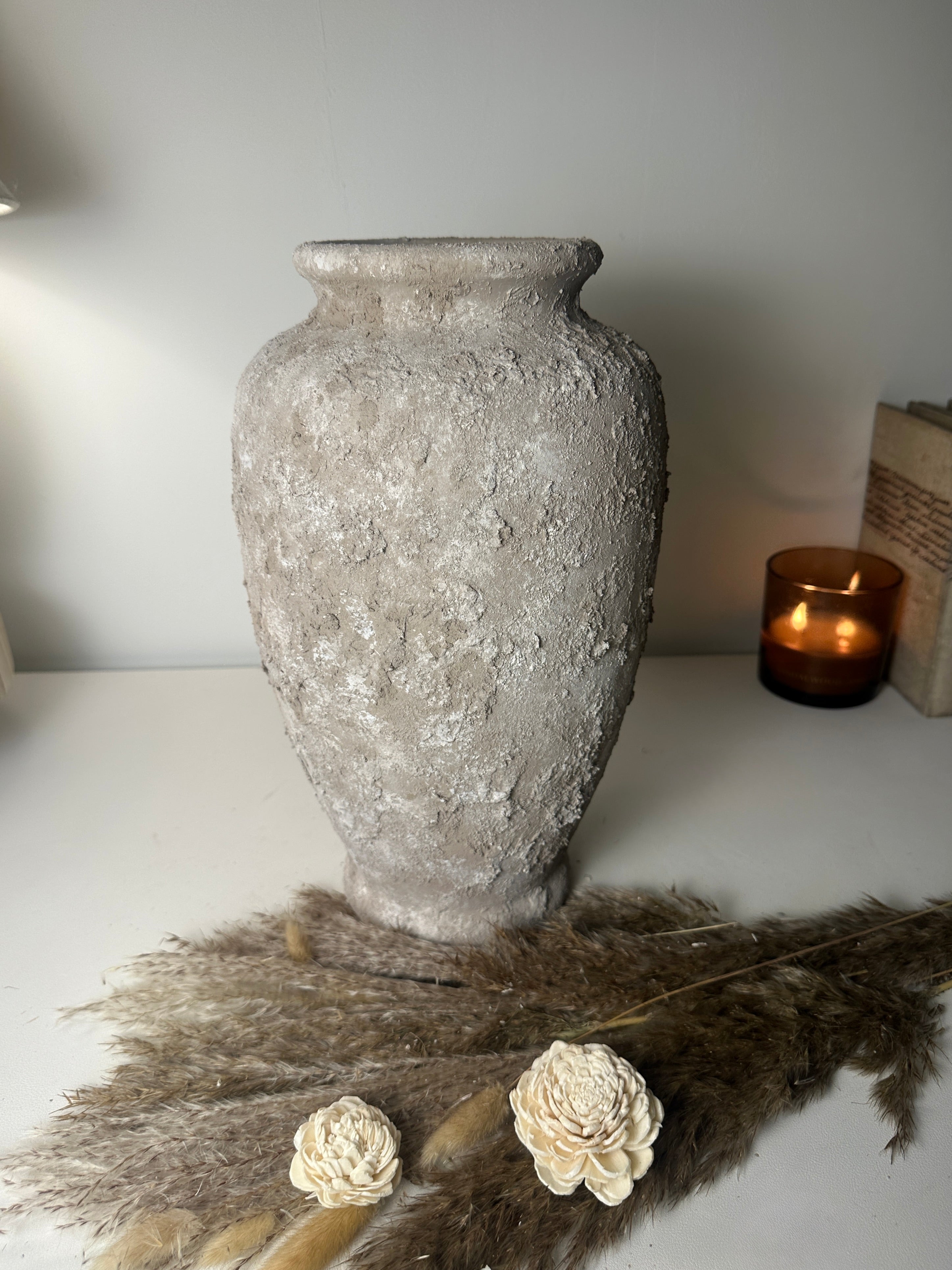 Rustic Hand-Painted Textured Ceramic Vase 14" tall - Beige Wash