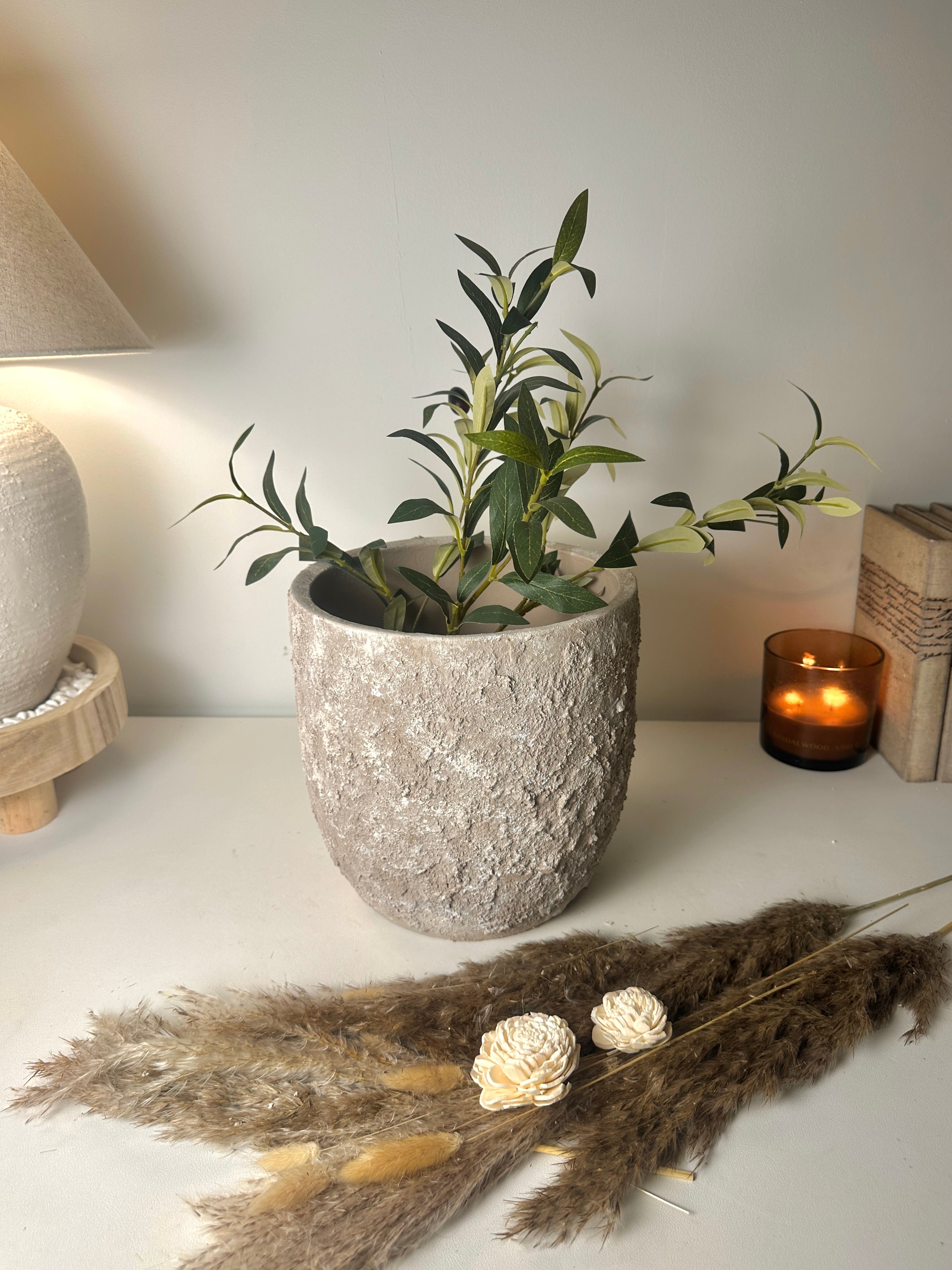 9" tall Minimalist Hand-Painted & Textured Planter Pot with drainage hole - Mesa Beige