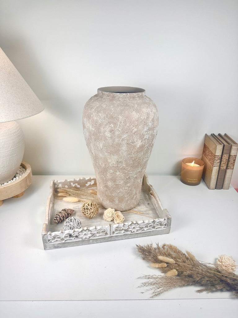 Minimalist Rustic Vase 19.5" tall Textured Hand-painted Ceramic  - Beige washed