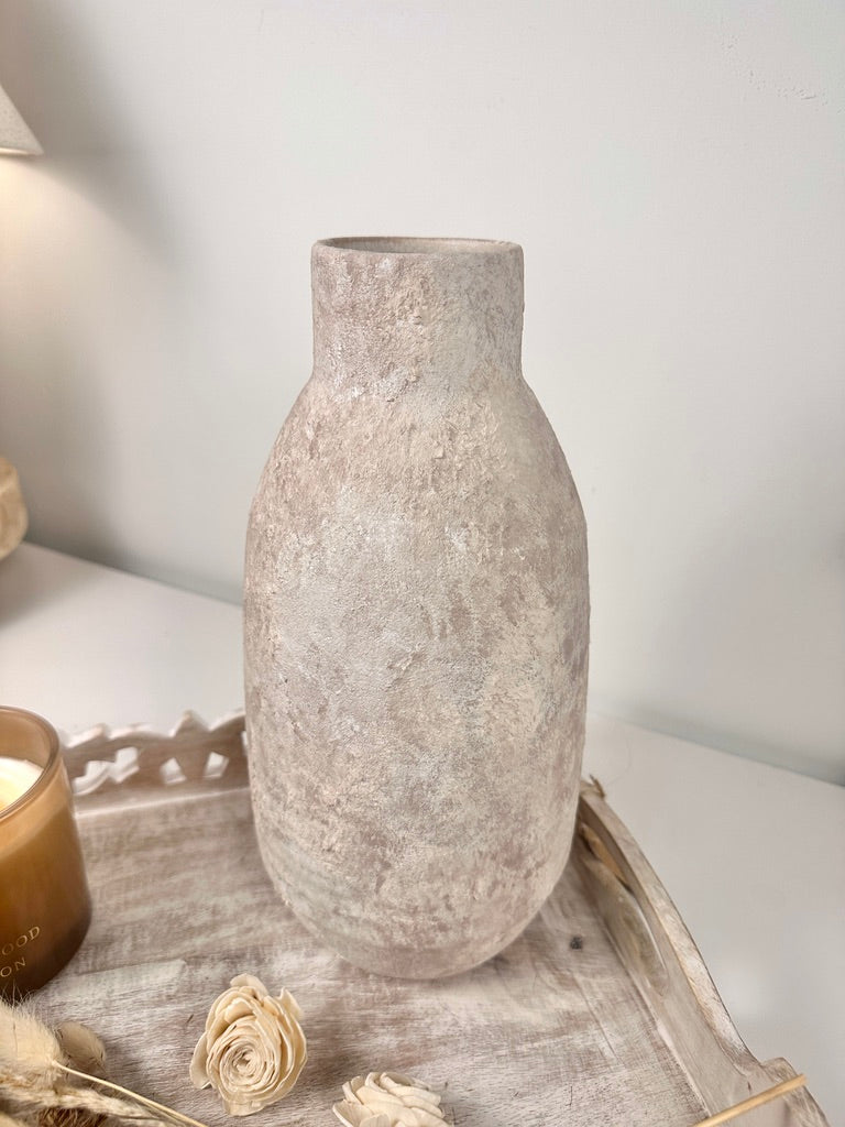 Rustic Hand-Painted/Textured Ceramic Vase 12” tall - beige washed