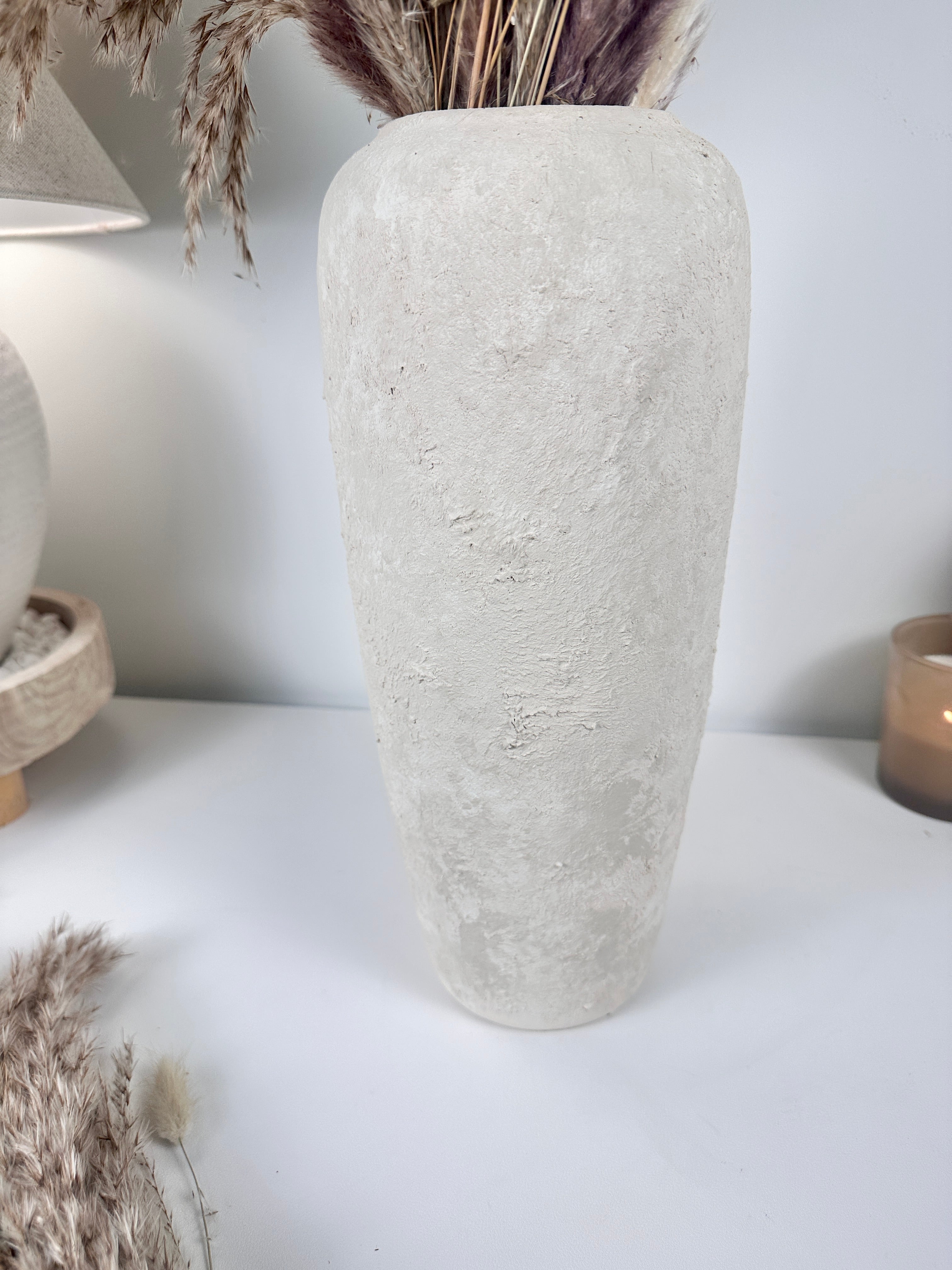 Minimalist Textured Hand-painted Ceramic Vase 14.5" tall - Off White washed