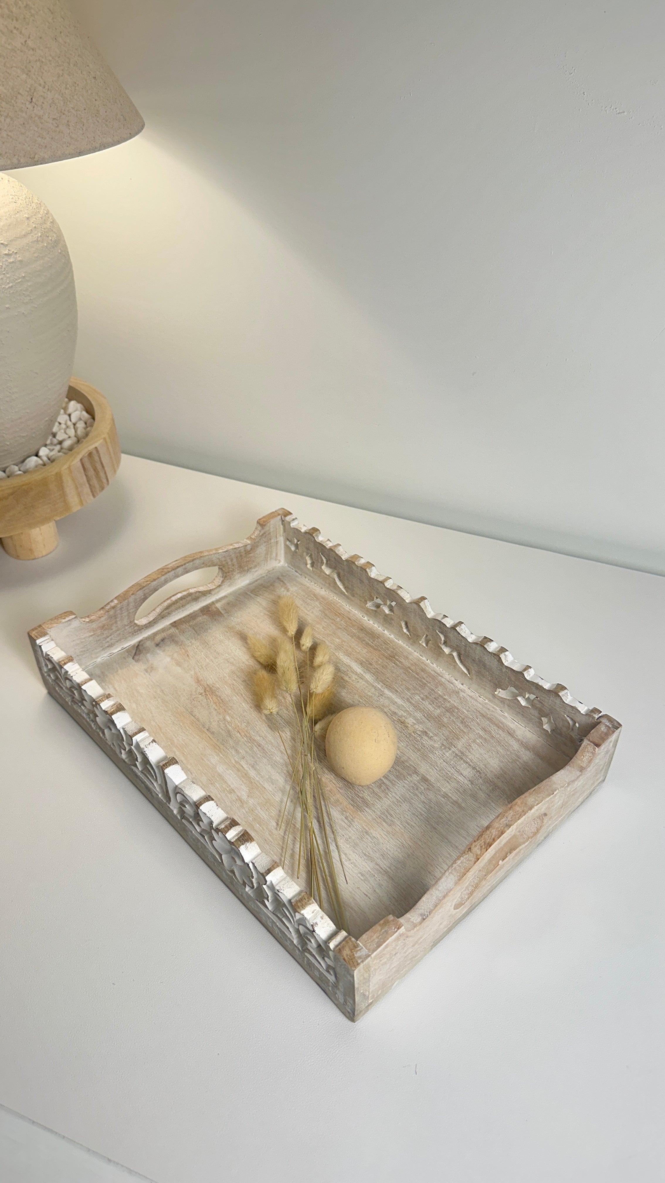 Boho Handmade Decorative Serving Wooden Tray Whitewashed