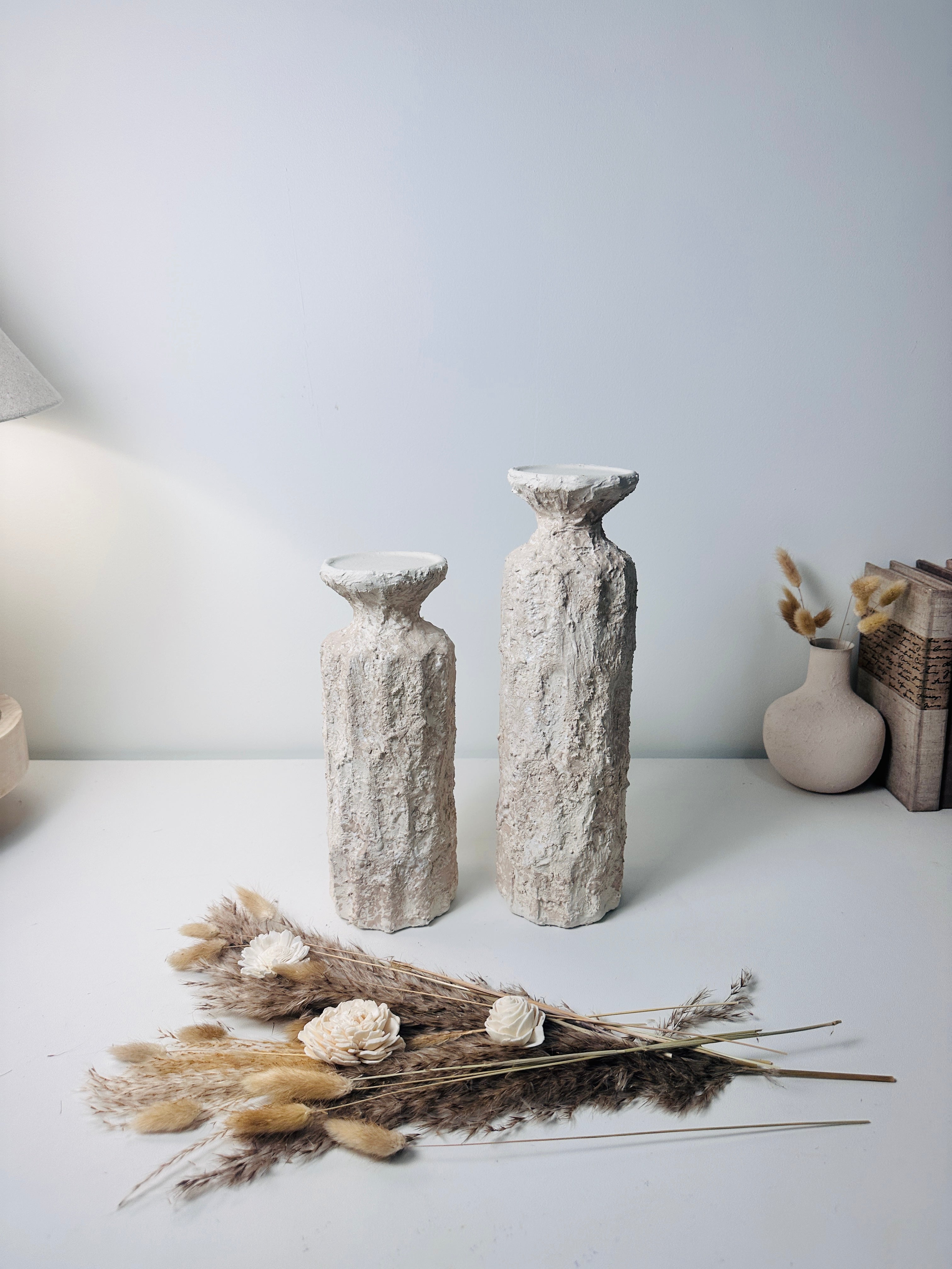 Minimalist Set of 2 Candle Holders Textured Hand-Painted - Cream Sand (10.5x4x4", 13x4x4")
