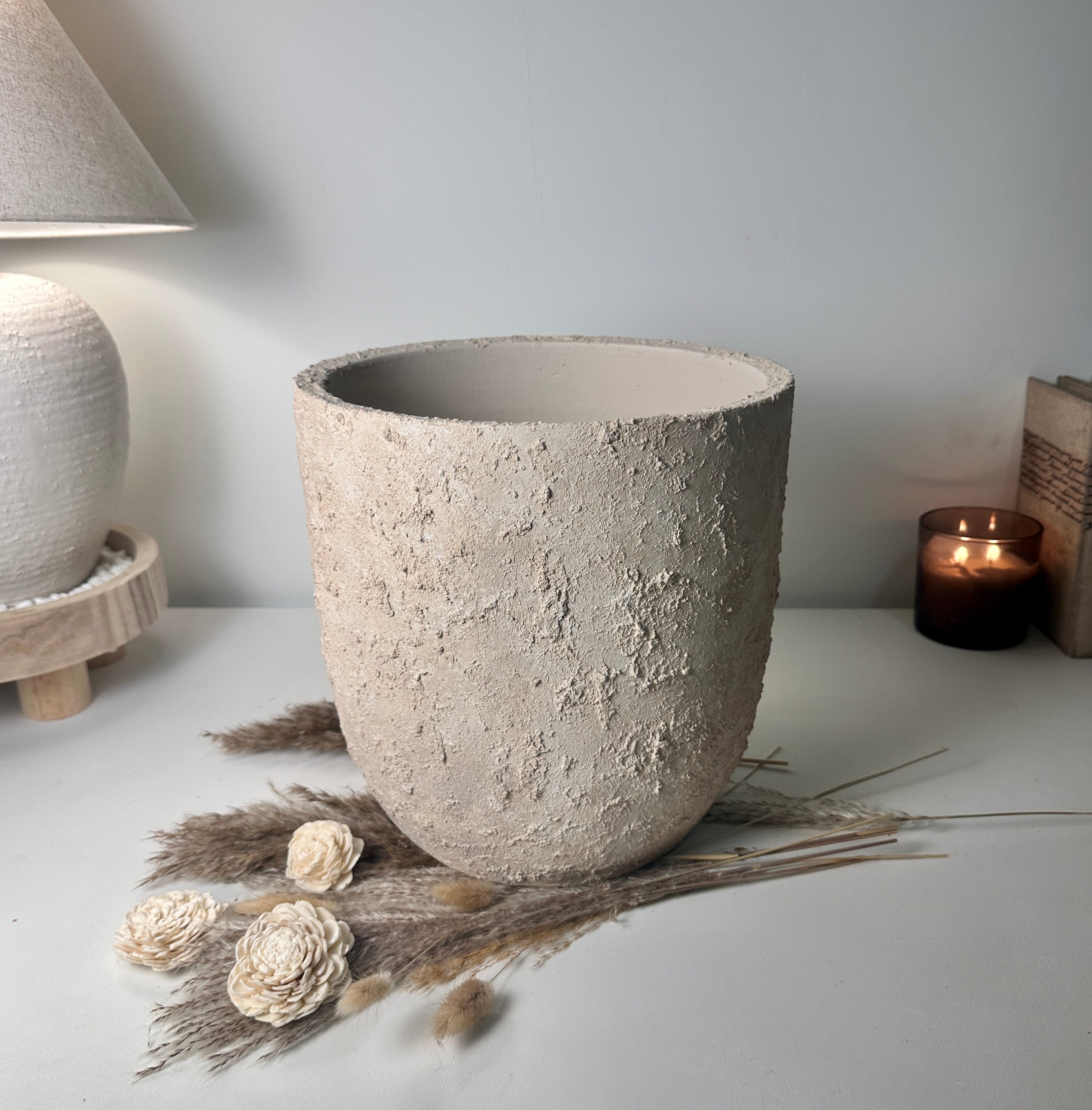 9" tall Minimalist Hand-Painted & Textured Planter Pot with drainage hole - Sand wash