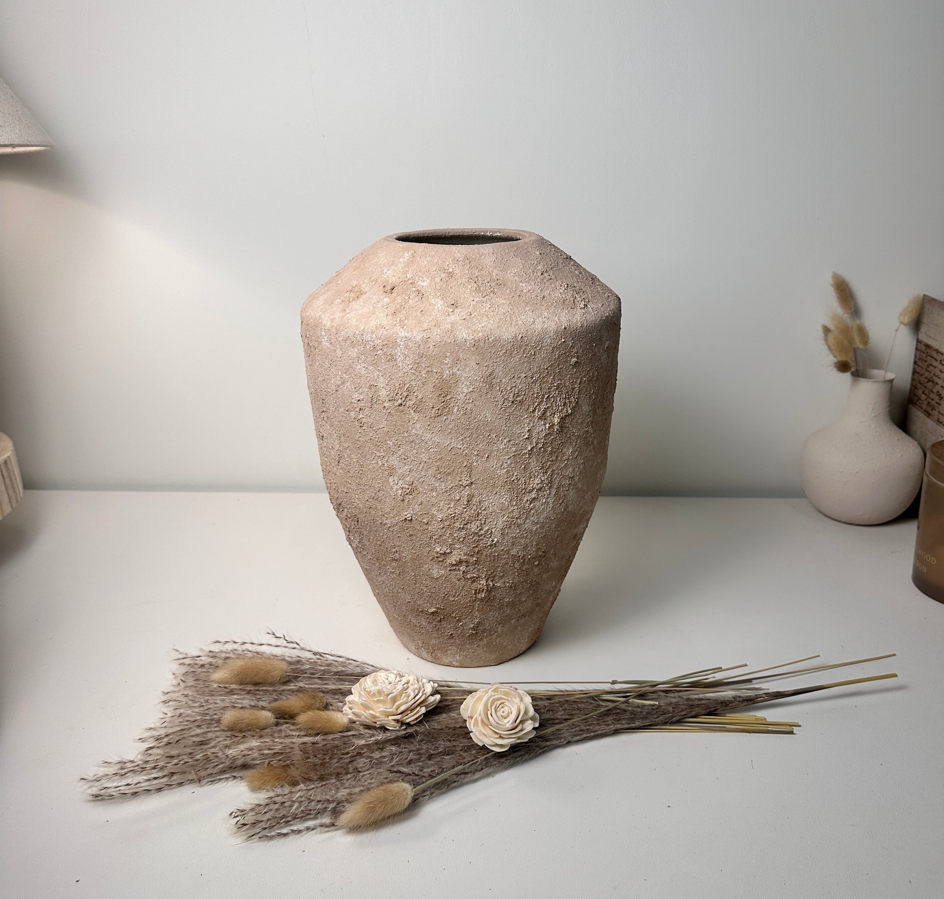 Rustic Minimalist Textured Hand-Painted Ceramic Vase 12" - Light Beige Wash