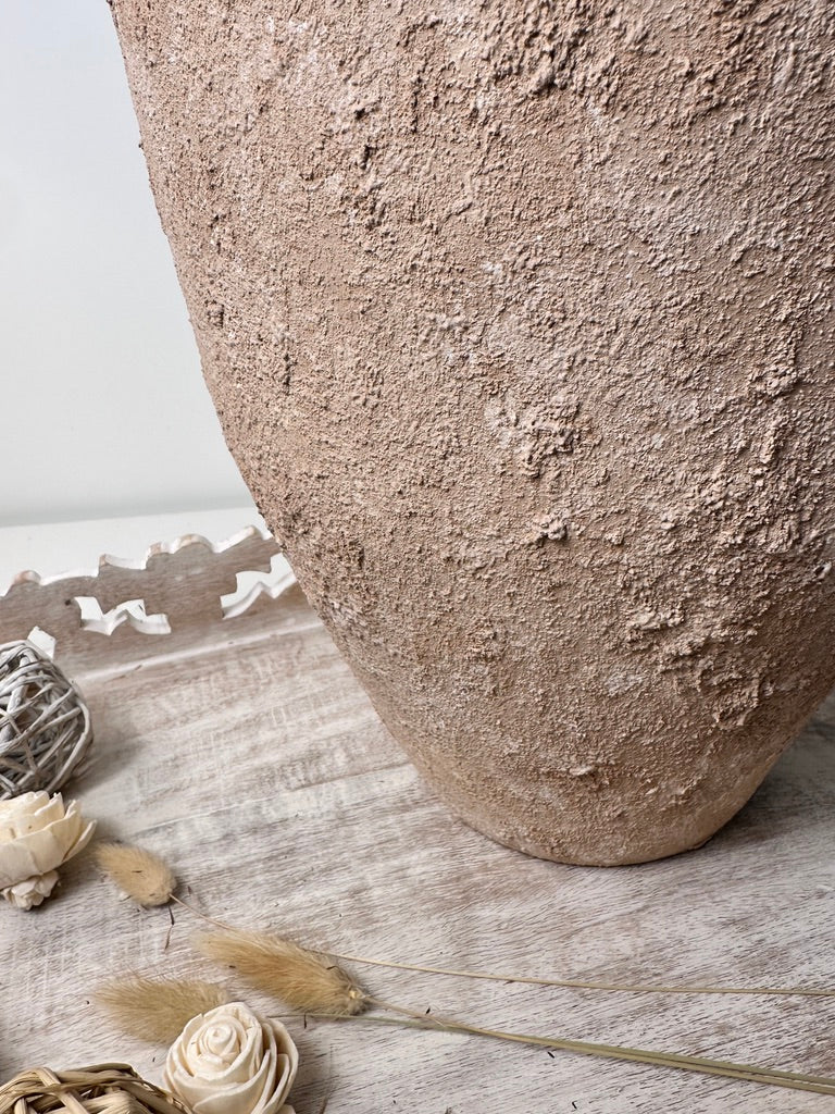 Rustic Minimalist Textured Hand-Painted Ceramic Vase 12" - Light Beige Wash