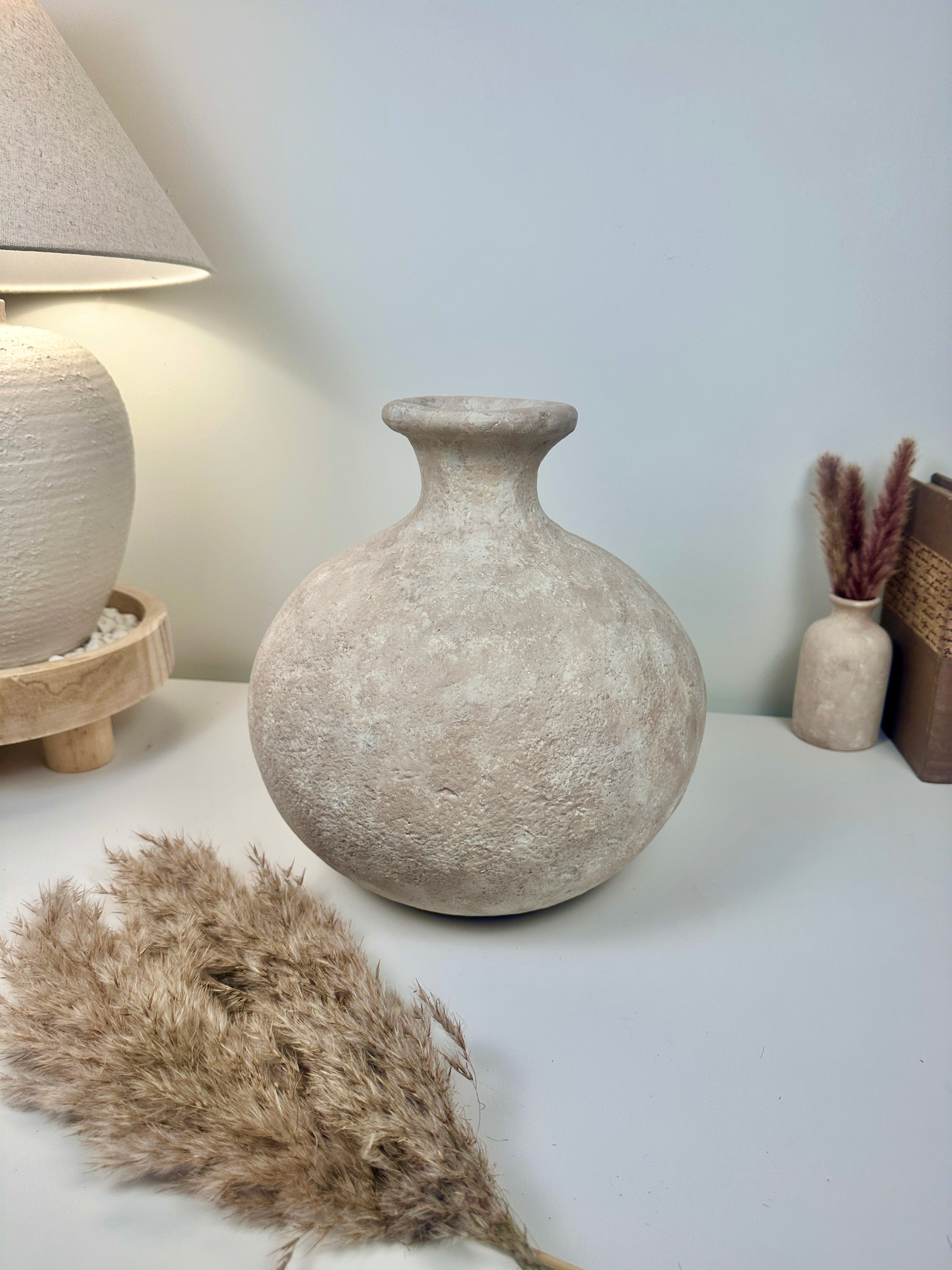 Minimalist Hand-Painted Ceramic Round Bottle Vase 11" tall -  Beige Washed