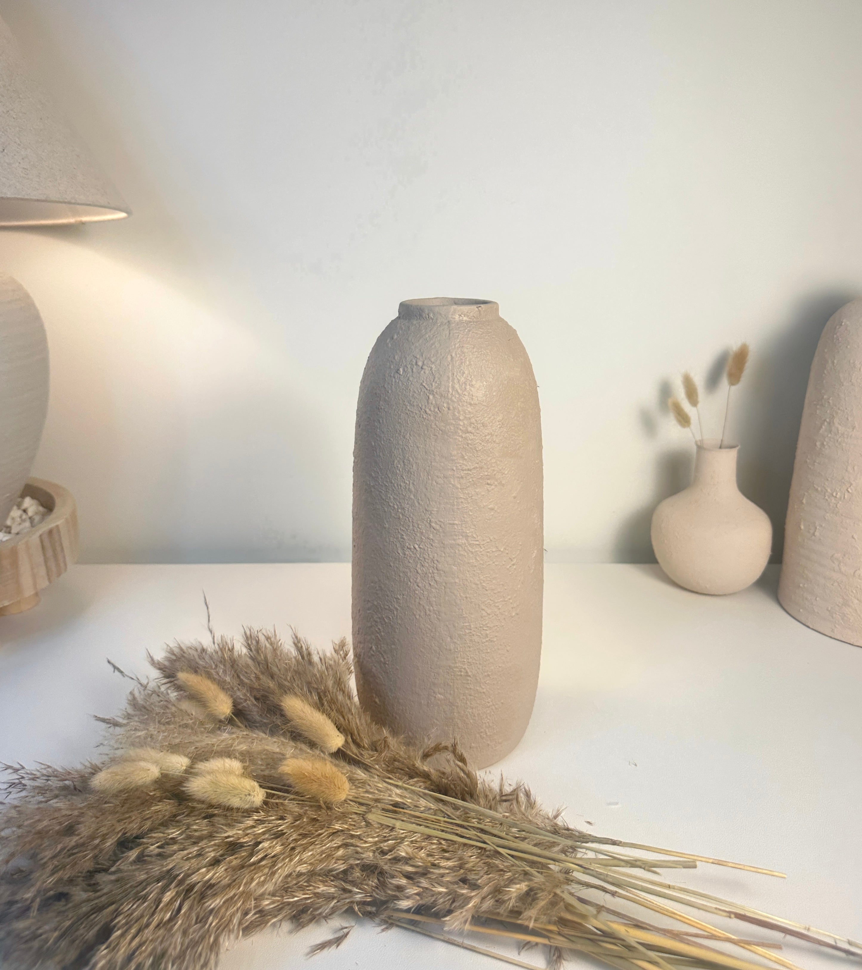 Minimalist Textured Ceramic Tan Beige Vase 12"