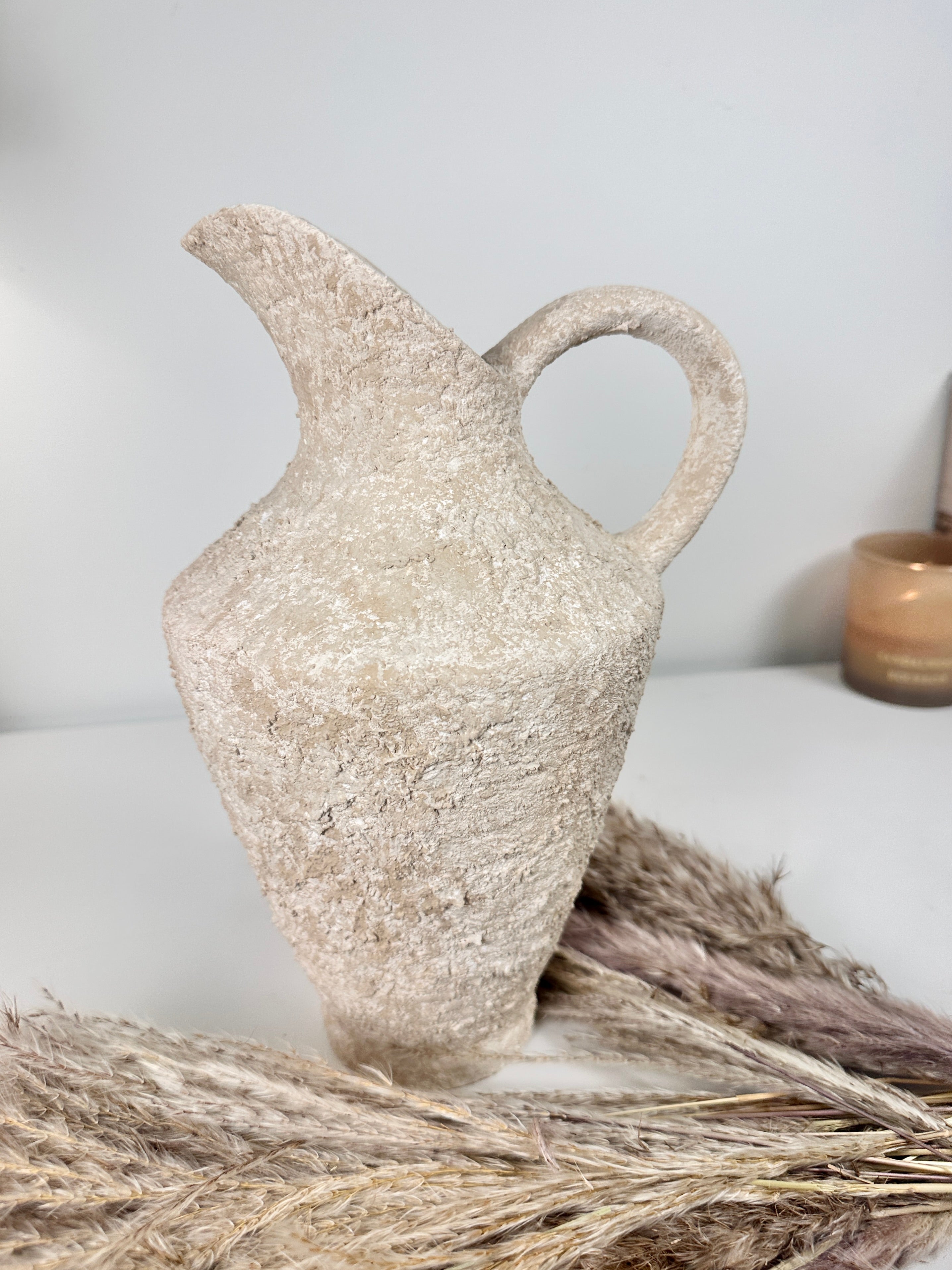 Decorative Textured Hand-painted Pitcher Vase Cream Sand washed 12"