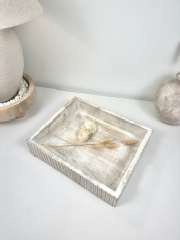 Boho Handmade Serving Wooden Tray Whitewash Finish with Stripes 12x10x2.5”