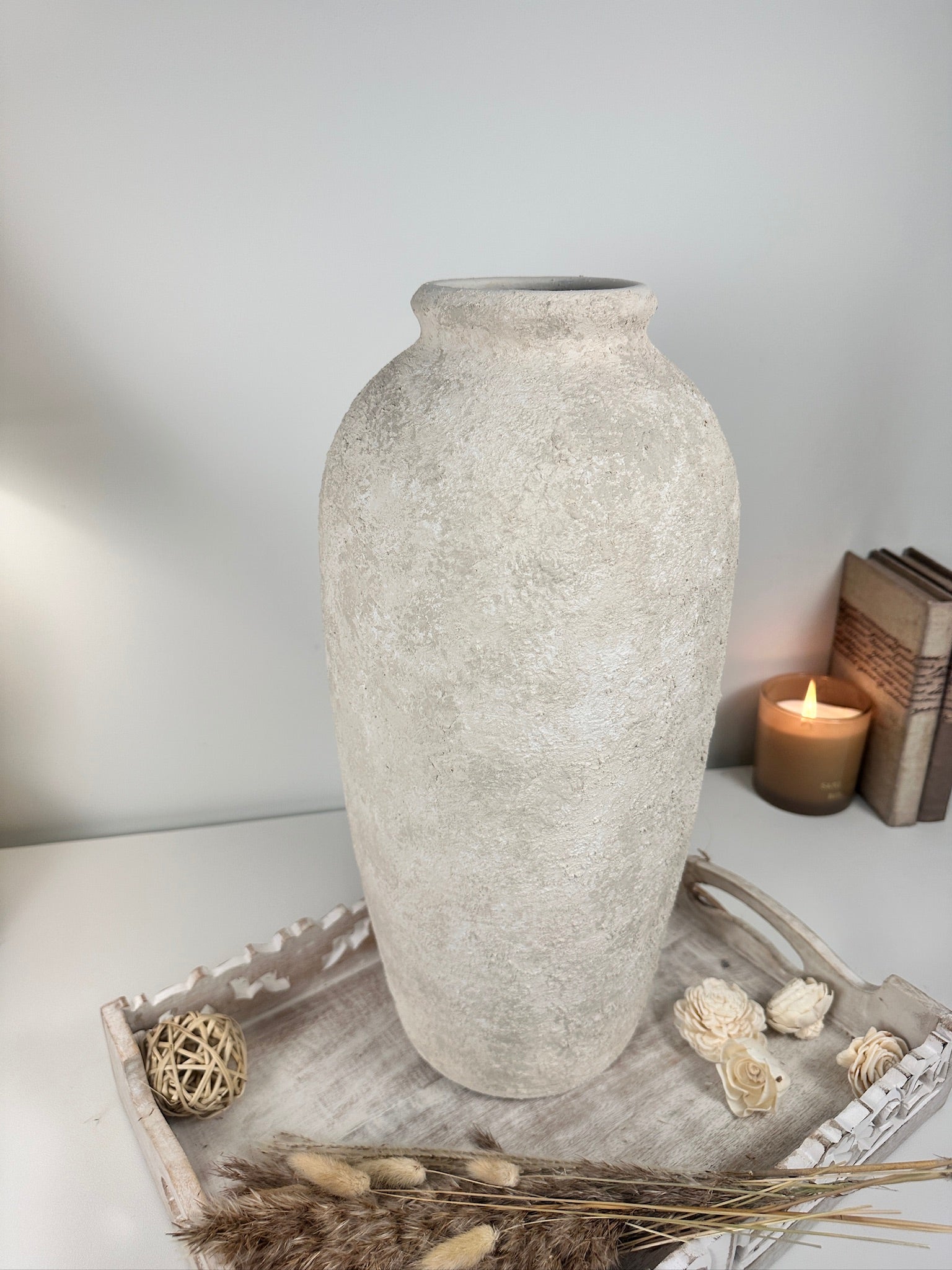 Minimalist Vase 18" tall Textured Hand-painted Ceramic  - Off White washed