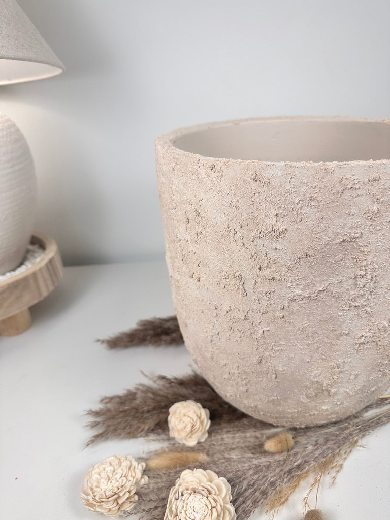9" tall Minimalist Hand-Painted & Textured Planter Pot with drainage hole - Sand wash