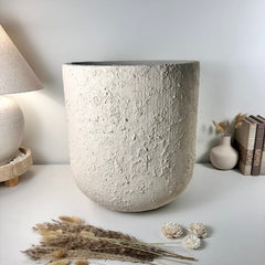 Minimalist Hand-Painted & Textured Planter Pot 17.5" tall with drainage hole one time creation - cream