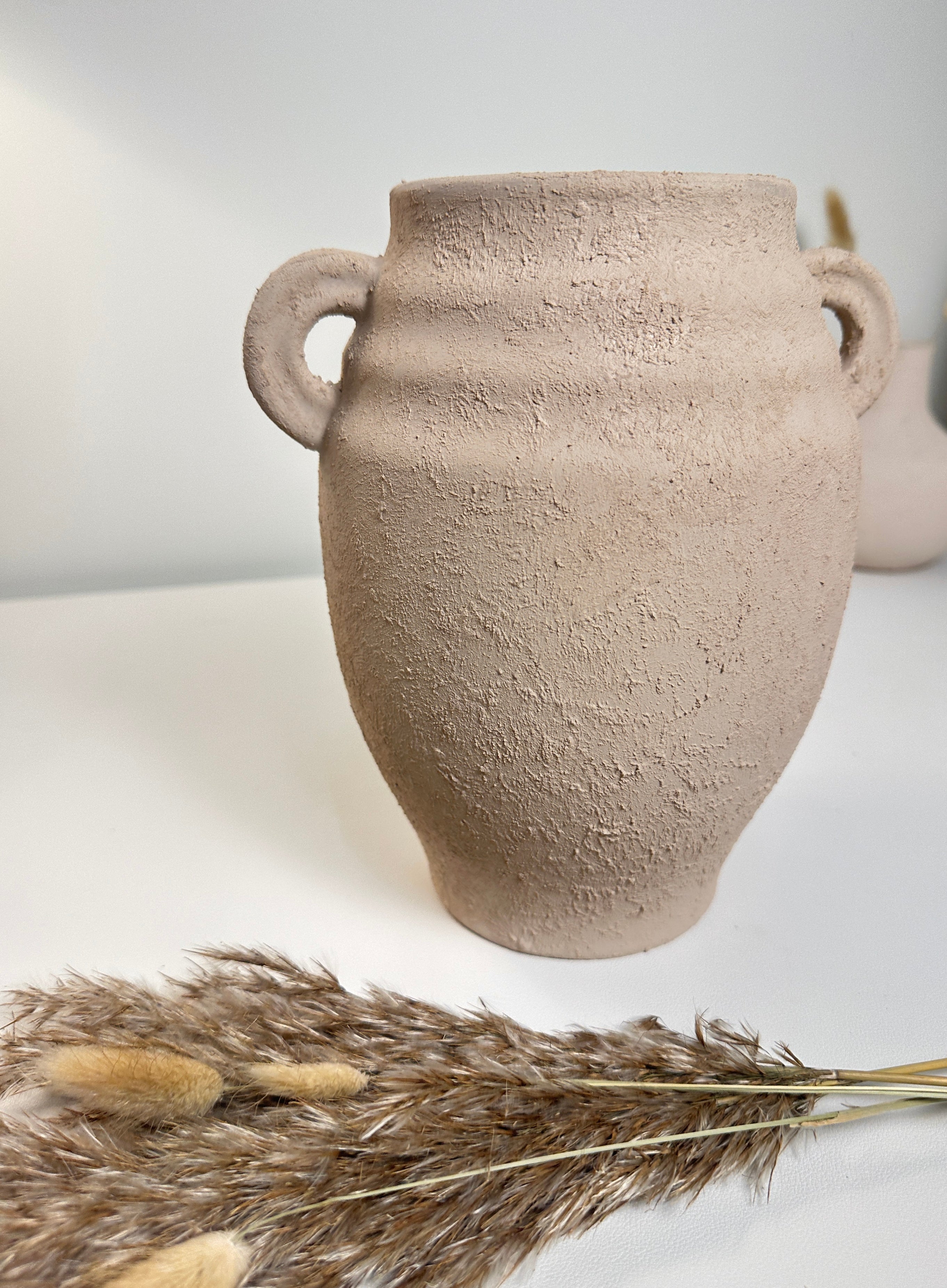 Minimalist Ceramic Textured Vase with 2 handles 9" tall - Tan