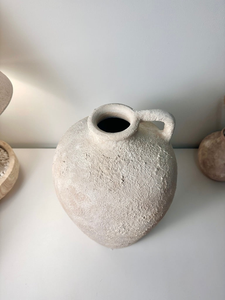 Amphora-inspired Shape Vase With One Handle, Painted And Textured By Hand, Off White/ Cream