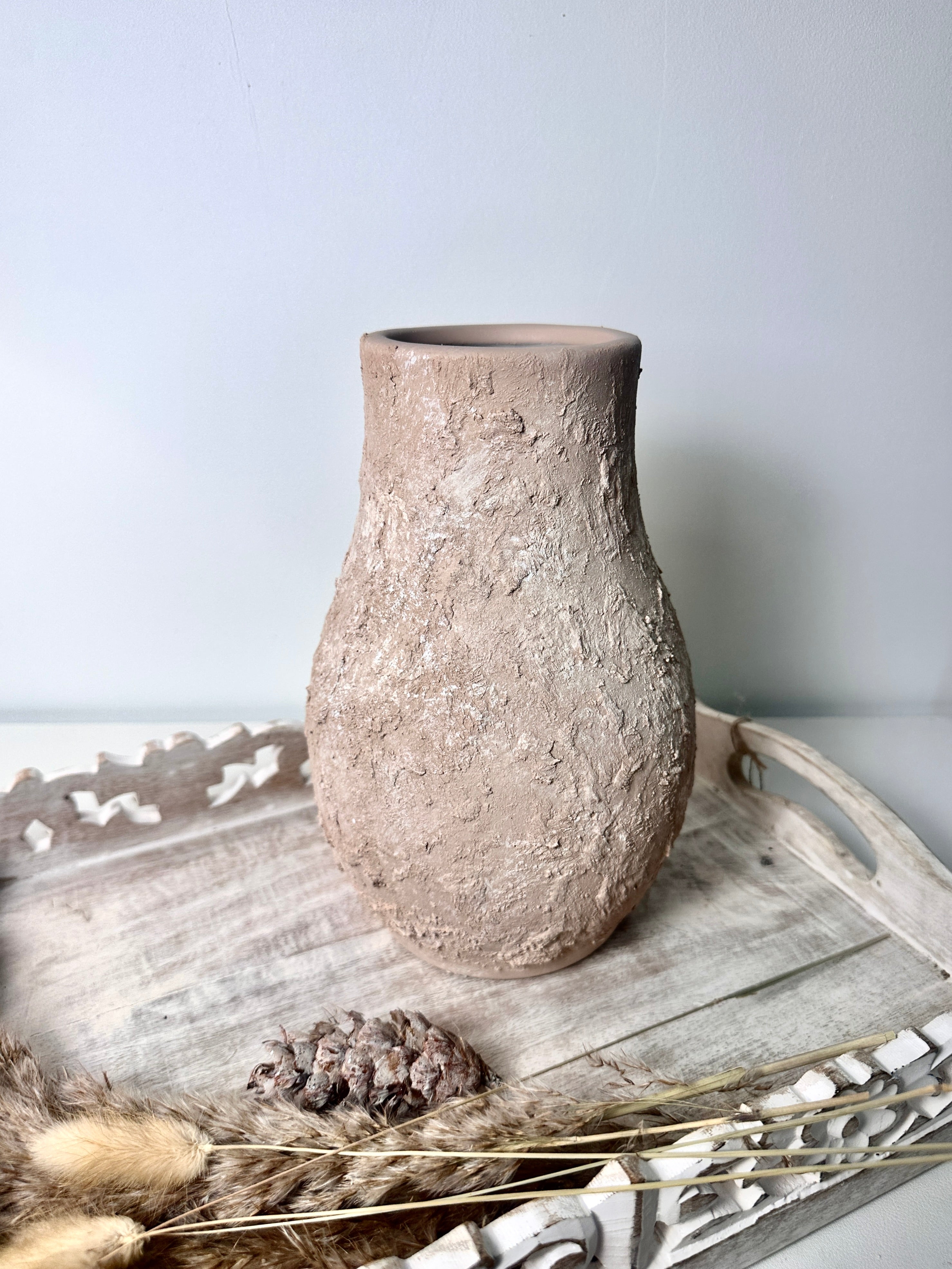Rustic Ceramic Vase Textured Hand-Painted 10" tall - Light Beige Wash