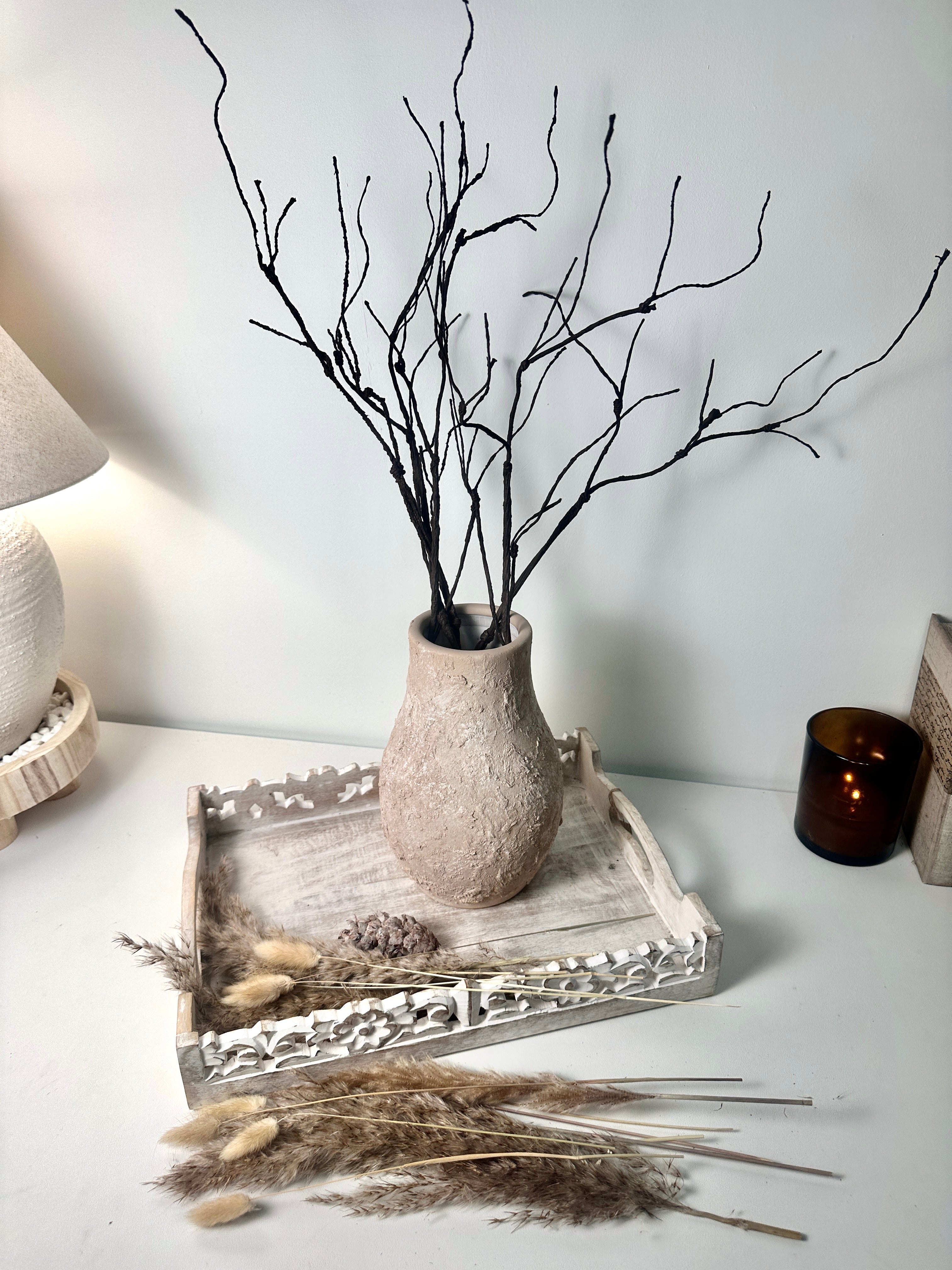 Rustic Ceramic Vase Textured Hand-Painted 10" tall - Light Beige Wash