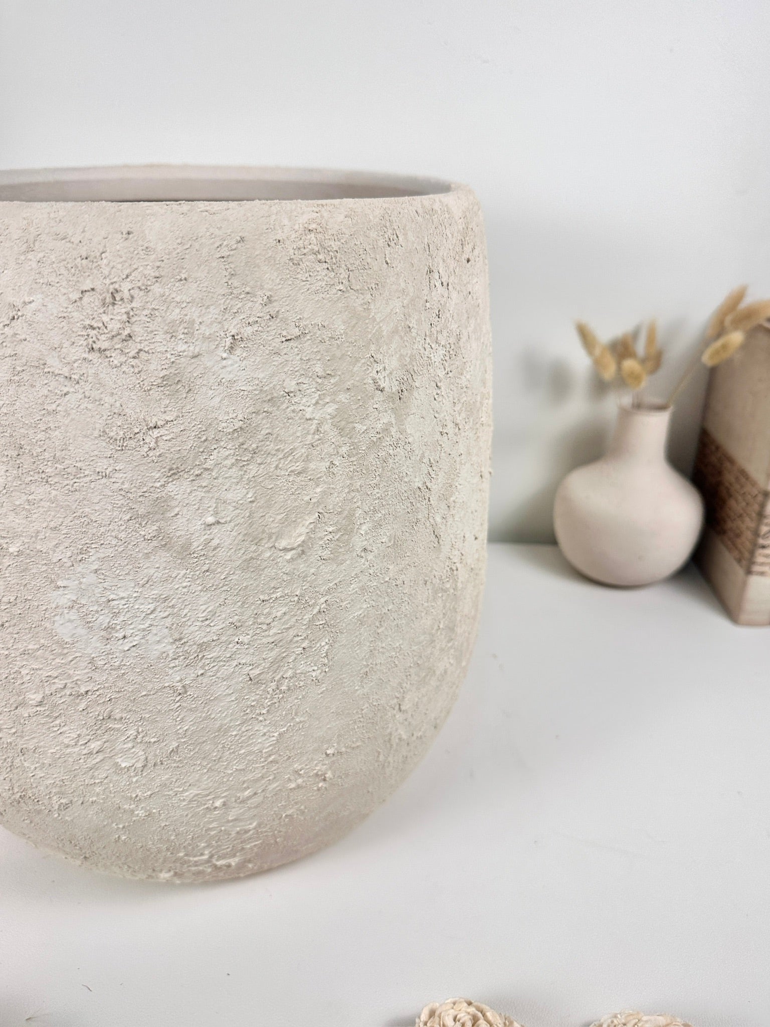 Minimalist Hand-Painted & Textured Planter Pot 12.5" tall with drainage hole one time creation - Cream Linen wash