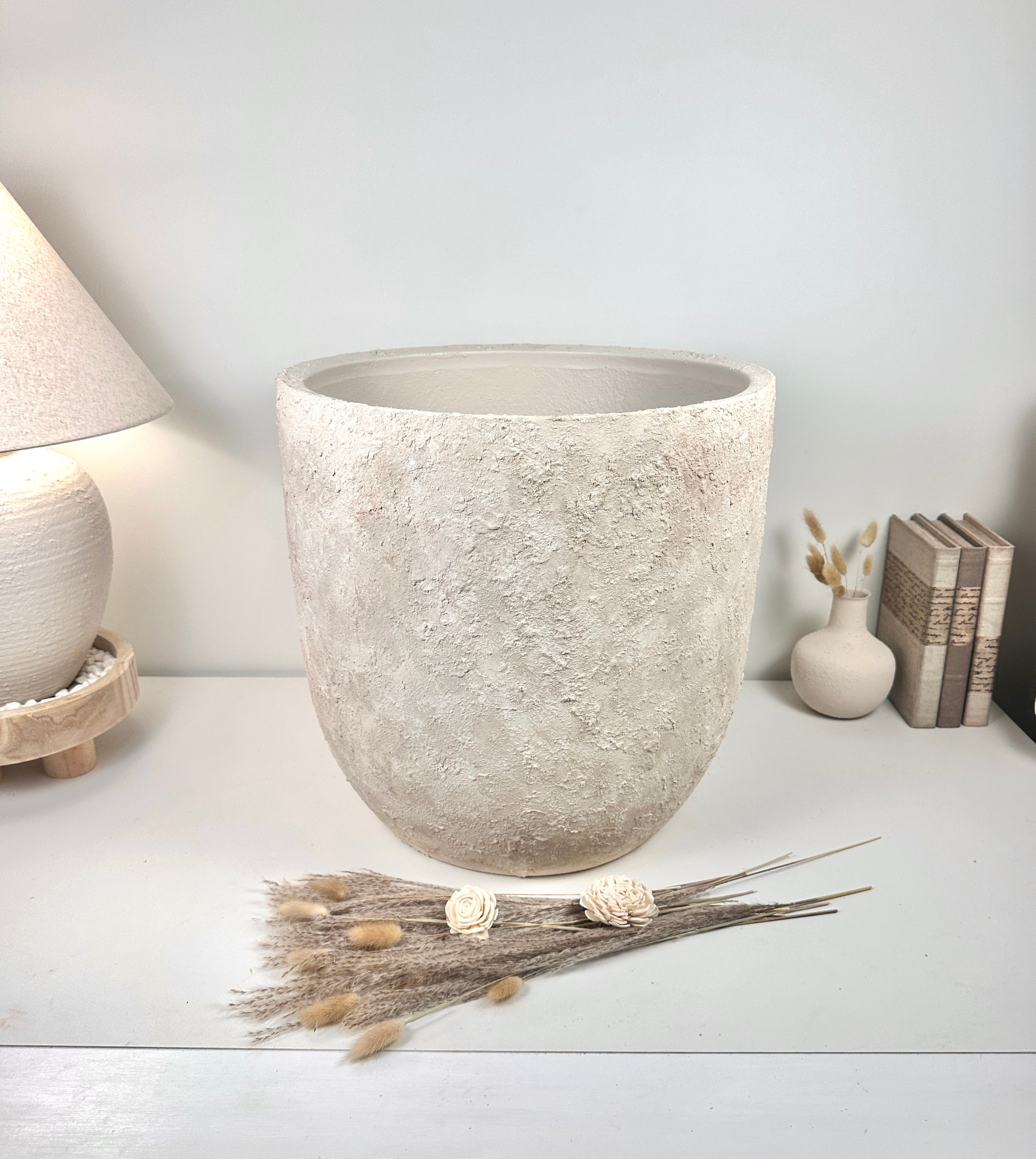 17" tall Minimalist Hand-Painted & Textured Planter Pot with Drainage Hole one time creation - cream sand wash