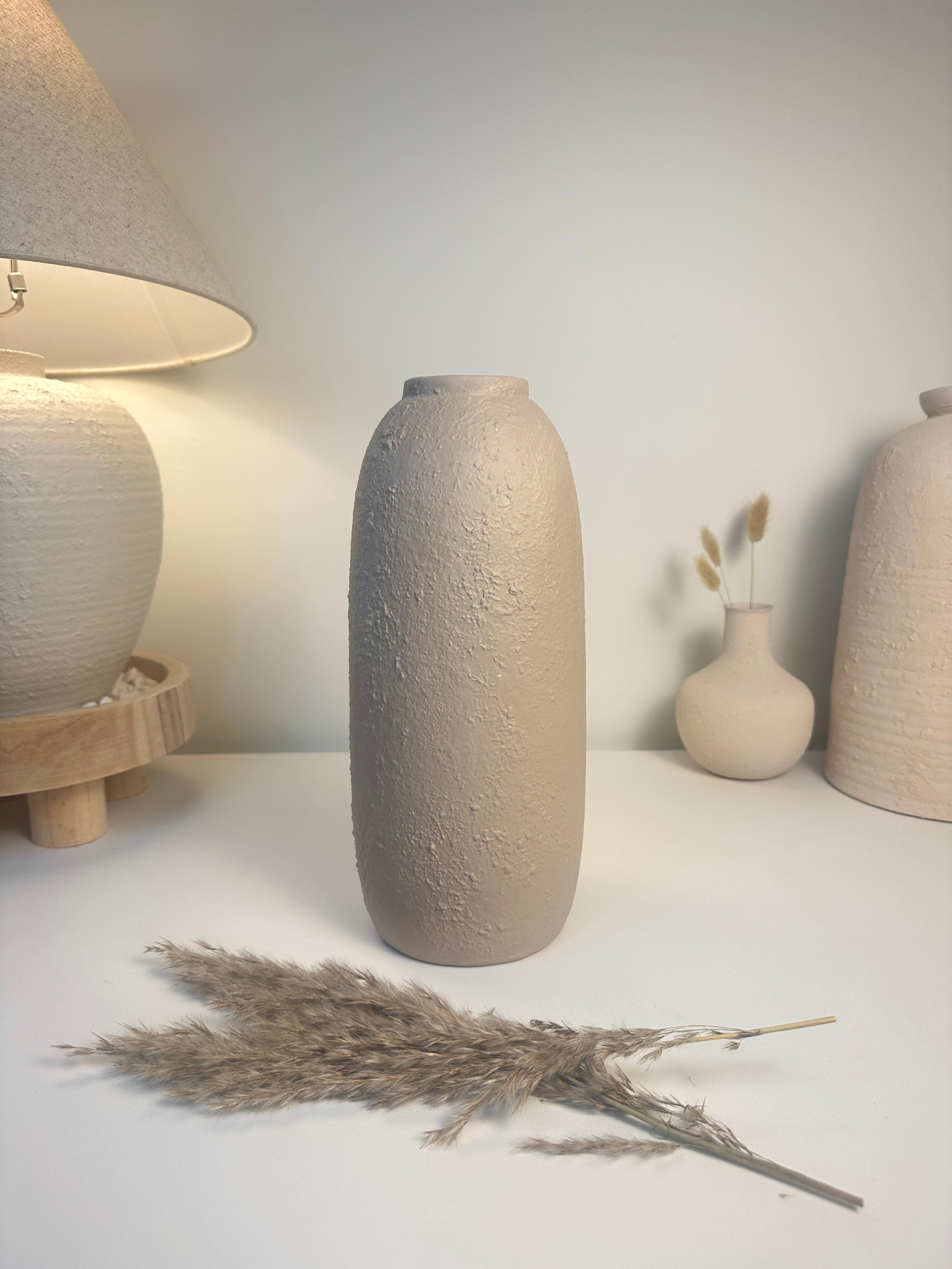 Minimalist Textured Ceramic Tan Beige Vase 12"