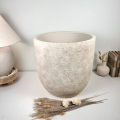 17" tall Minimalist Hand-Painted & Textured Planter Pot with Drainage Hole one time creation - cream sand wash
