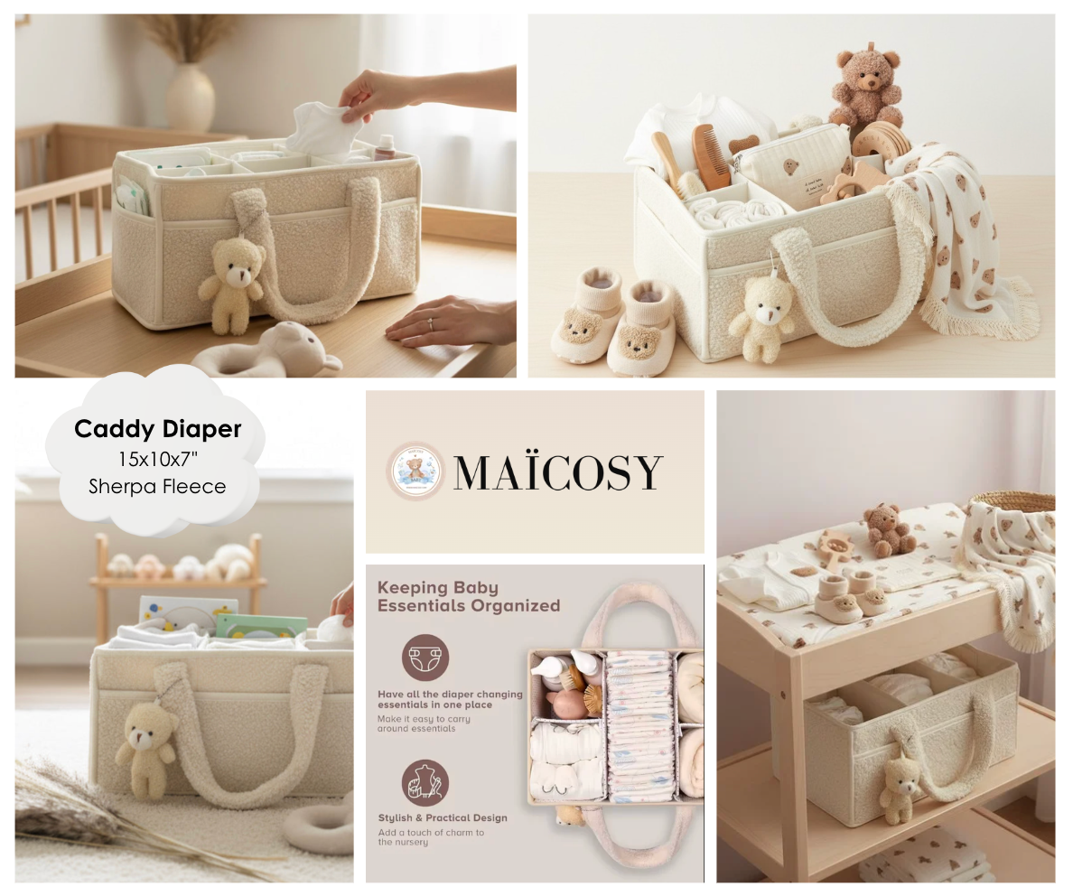 12-Piece Set "THE COZY ESSENTIALS", Cream and White Baby Set, Baby Shower, Newborn and Baby Essentials with Diaper Caddy - Bear Theme