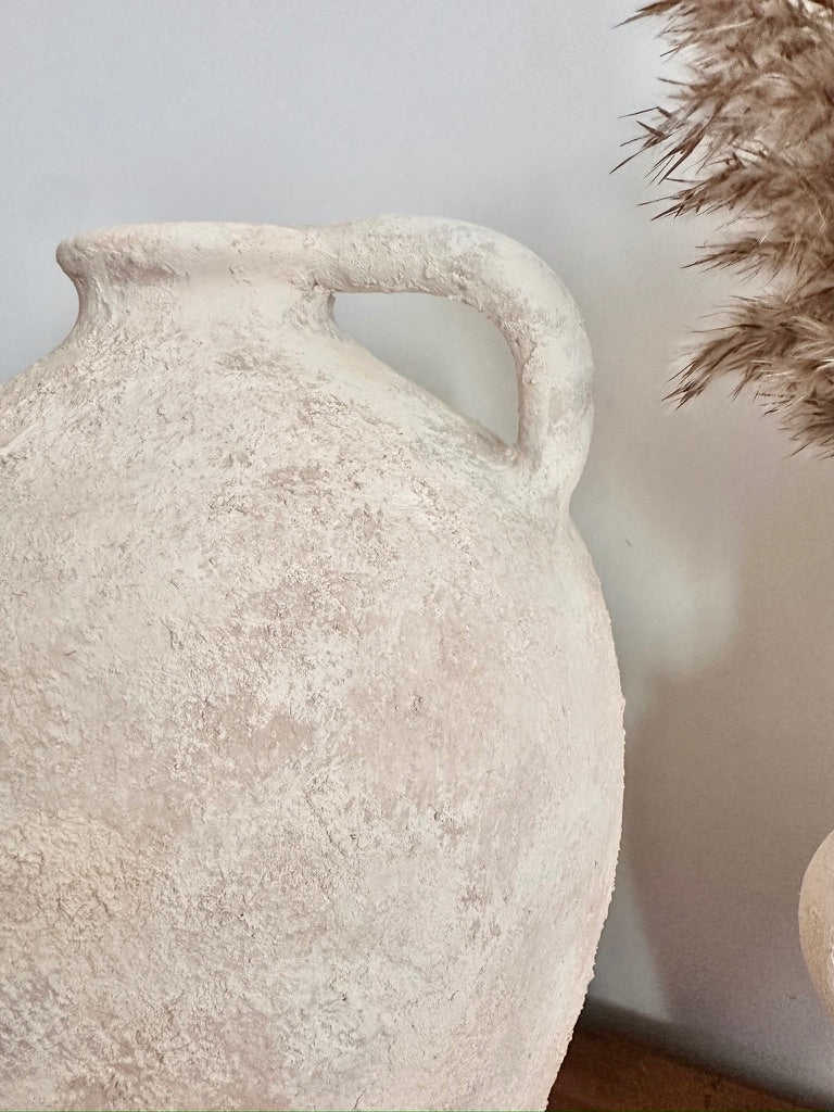 Amphora-inspired Shape Vase With One Handle, Painted And Textured By Hand, Off White/ Cream