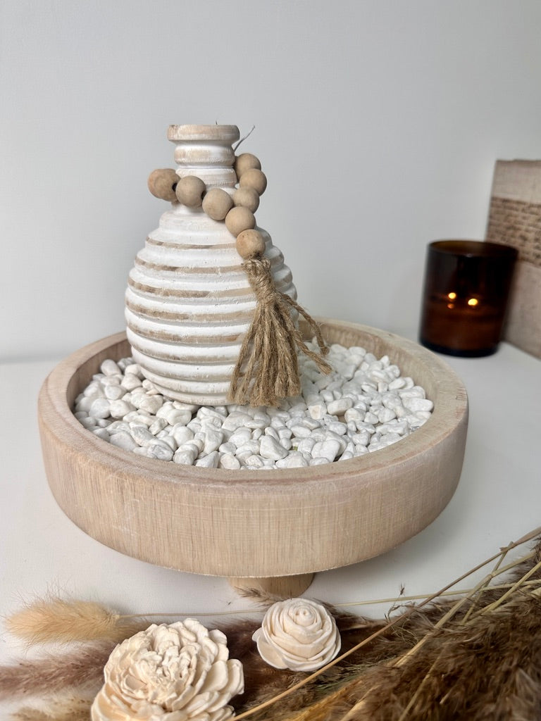 Set of 3 Home Decorative Round Wood Tray, Small Boho Style Vase, White Rocks