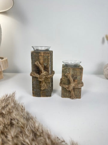 Set of 2 Rustic Farmhouse Handcrafted Candle Holders 4“ and 6” tall