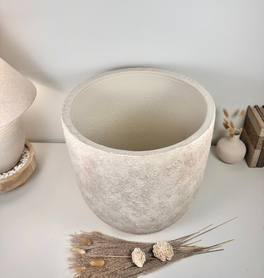 17" tall Minimalist Hand-Painted & Textured Planter Pot with Drainage Hole one time creation - cream sand wash