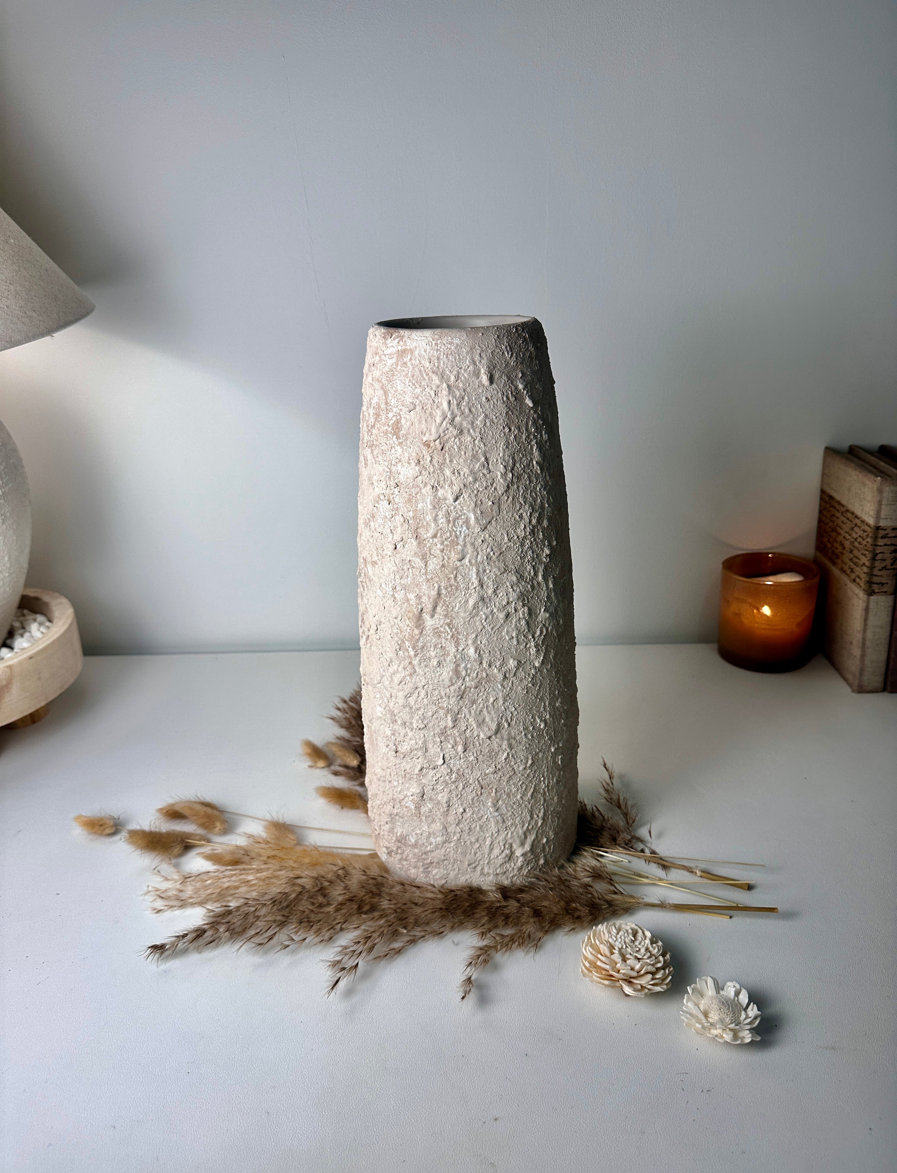 Minimalist Textured Hand-painted Ceramic Vase 15" tall - Cream Sand washed