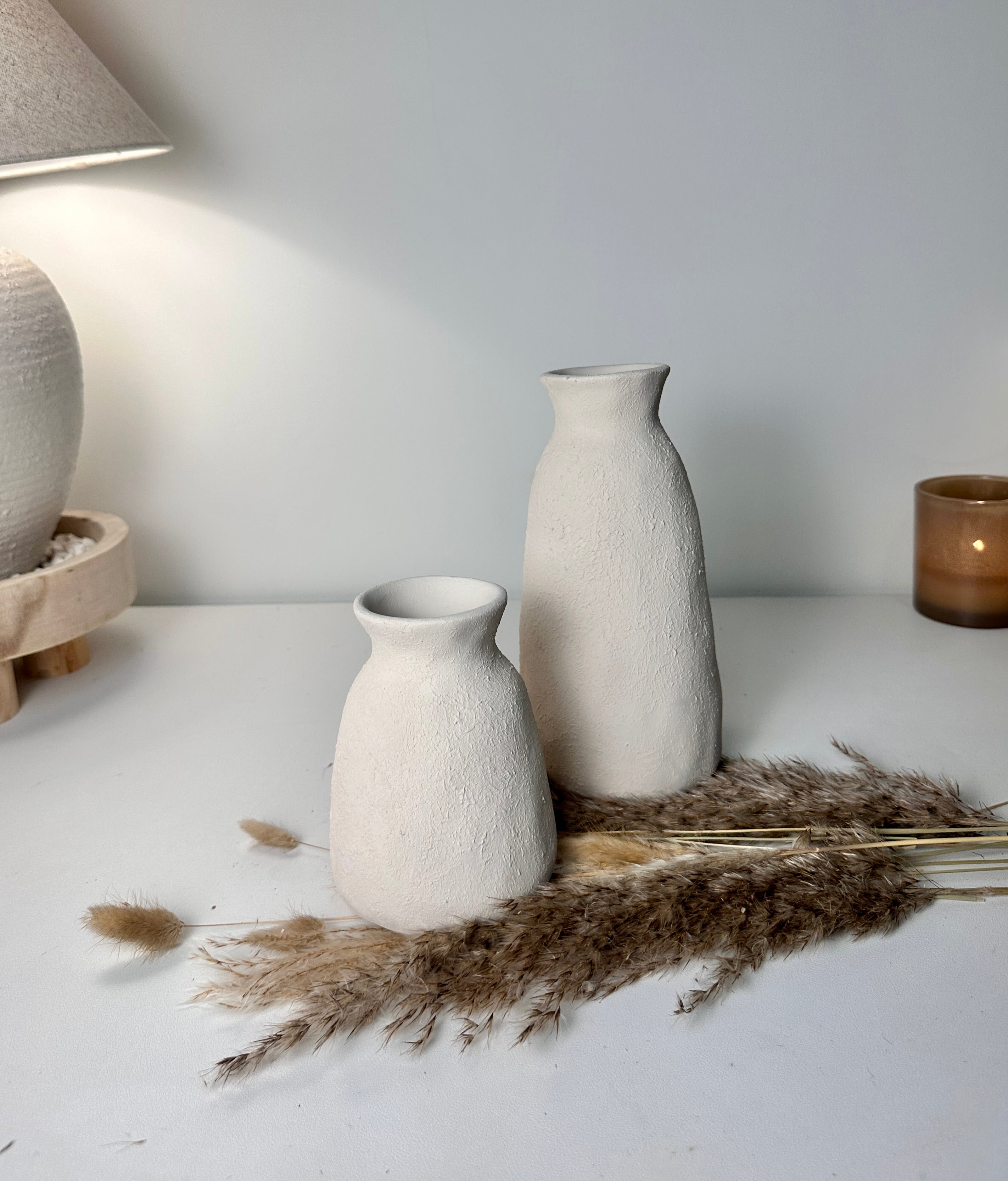 Set of 2 Vases minimalist hand-painted textured - cream