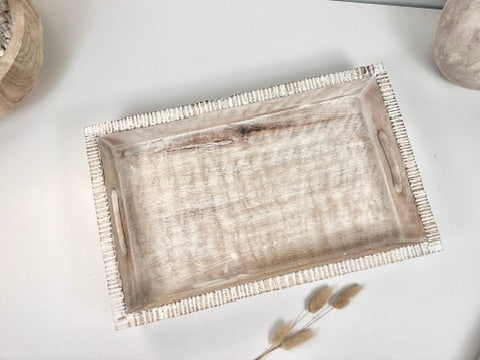 Boho Handmade Serving Wooden Tray Whitewash Finish with Stripes 12x10x2.5”