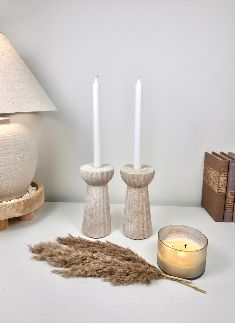 Set of 2 Textured Hand-Painted Candlestick 10" tall - Beige Washed