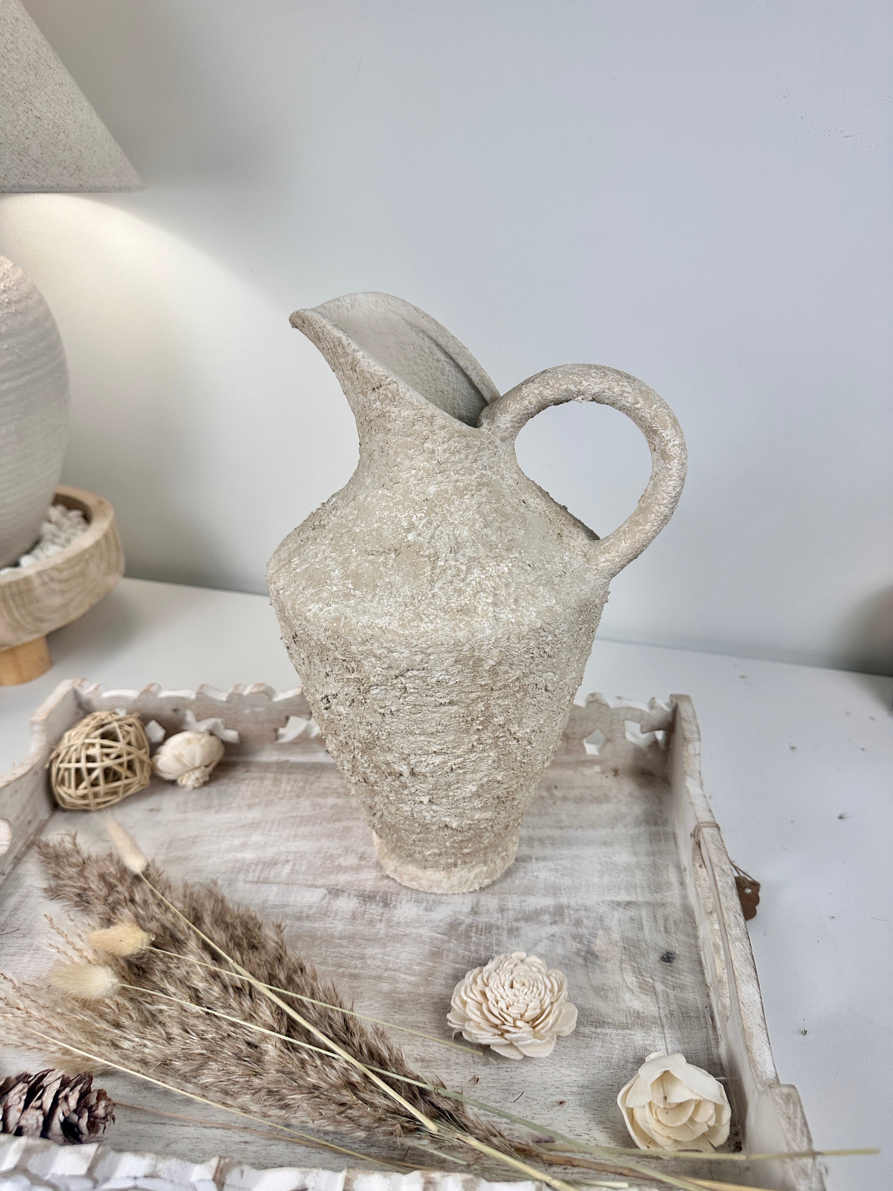 Decorative Textured Hand-painted Pitcher Vase Cream Sand washed 12"
