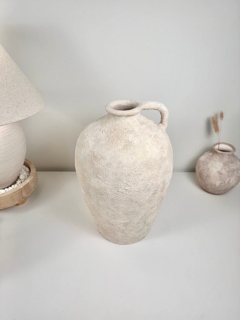 Amphora-inspired Shape Vase With One Handle, Painted And Textured By Hand, Off White/ Cream