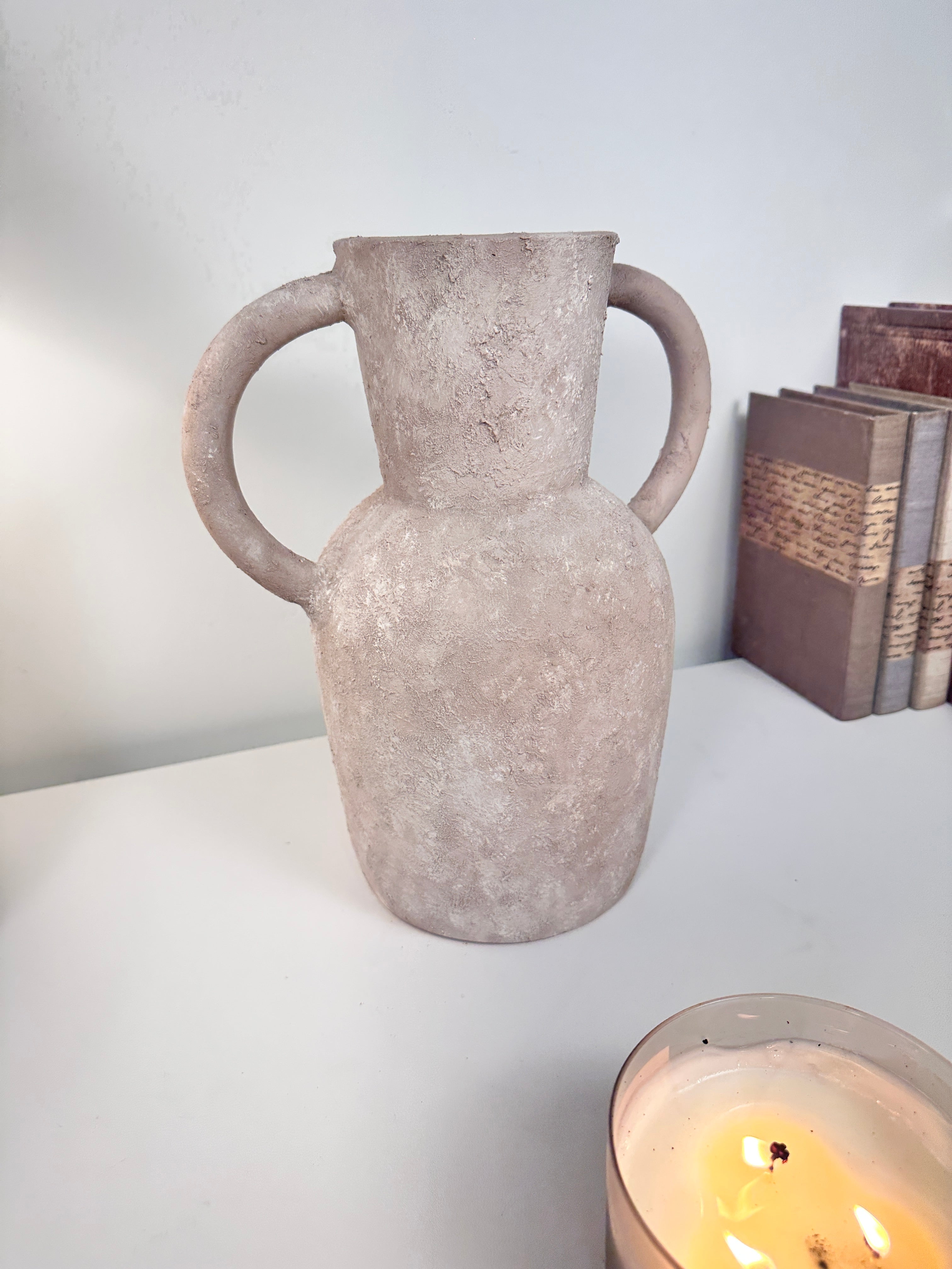 Roman Style Hand-Painted/Textured Ceramic Vase 13” tall - beige washed