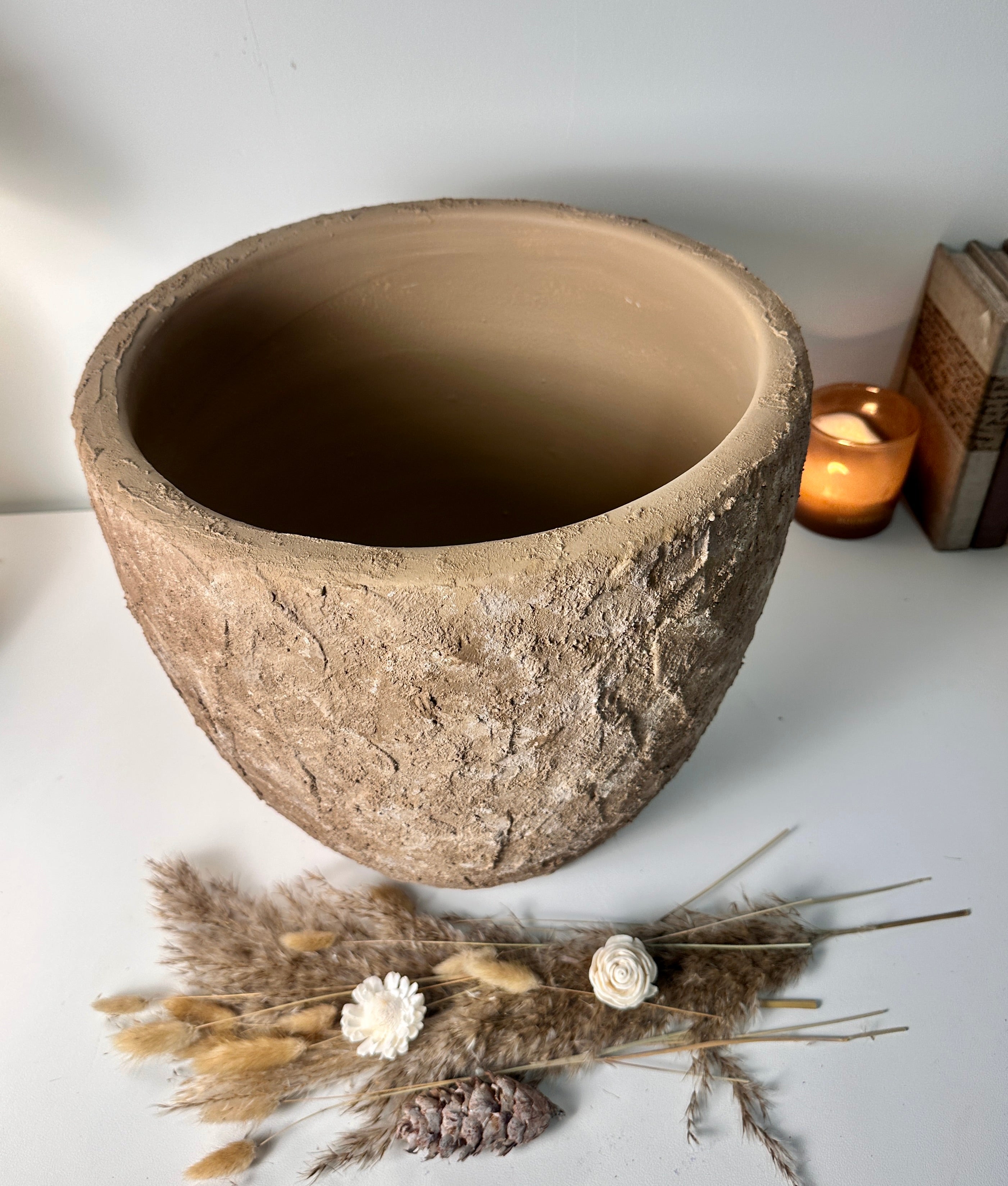 Rustic Hand-Painted & Textured Planter Pot 13" tall with drainage hole one time creation - Earth Brown on Brown