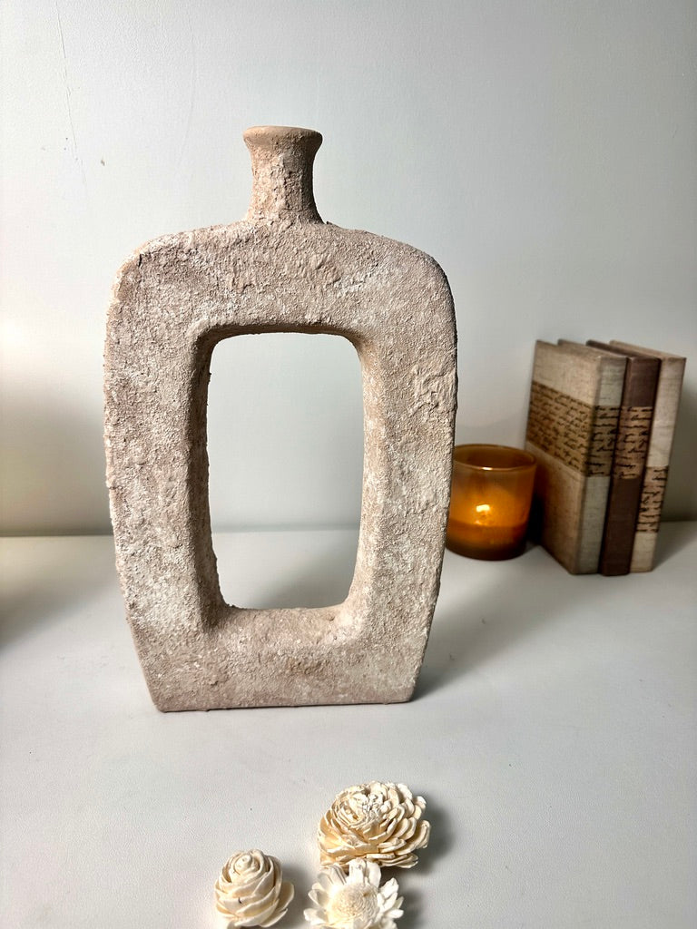 Rustic Hand-Painted Textured Vase 10" tall - Beige Wash